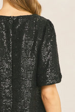 Load image into Gallery viewer, Regent Bubble Sleeve Black Sequin Square Detail Mini Dress - Black
