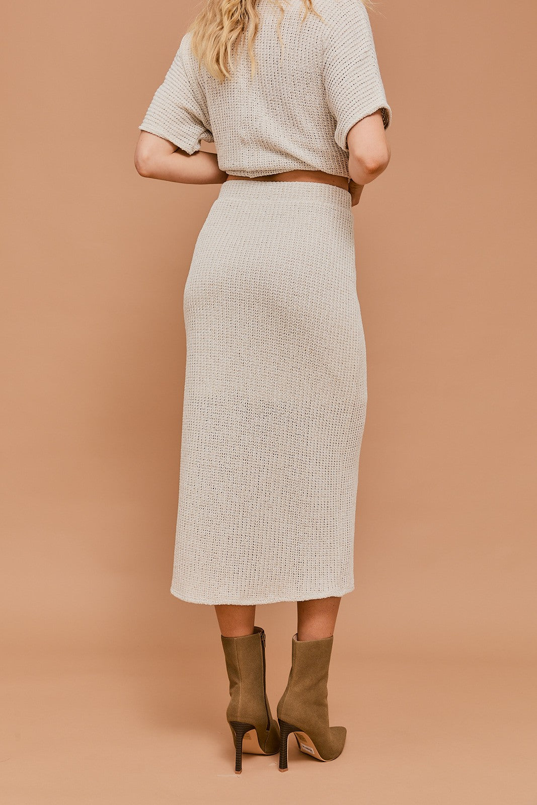 zSALE Rhea High Waisted Textured Knit Midi Skirt - Natural