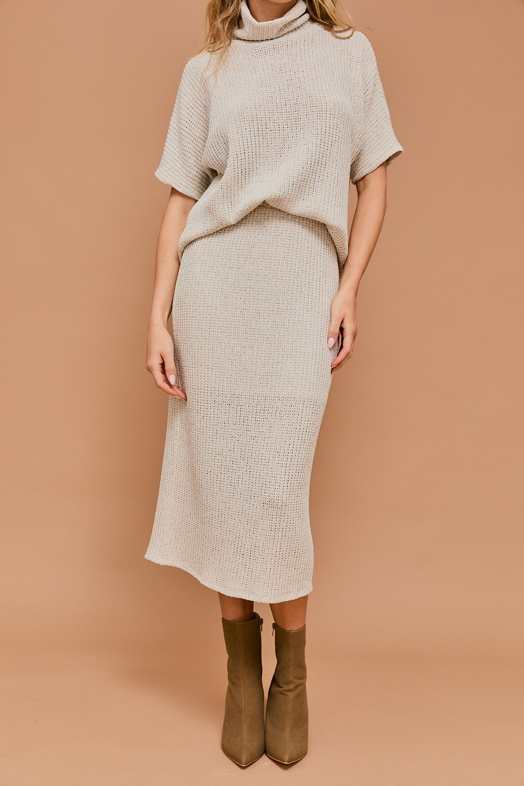 zSALE Rhea High Waisted Textured Knit Midi Skirt - Natural