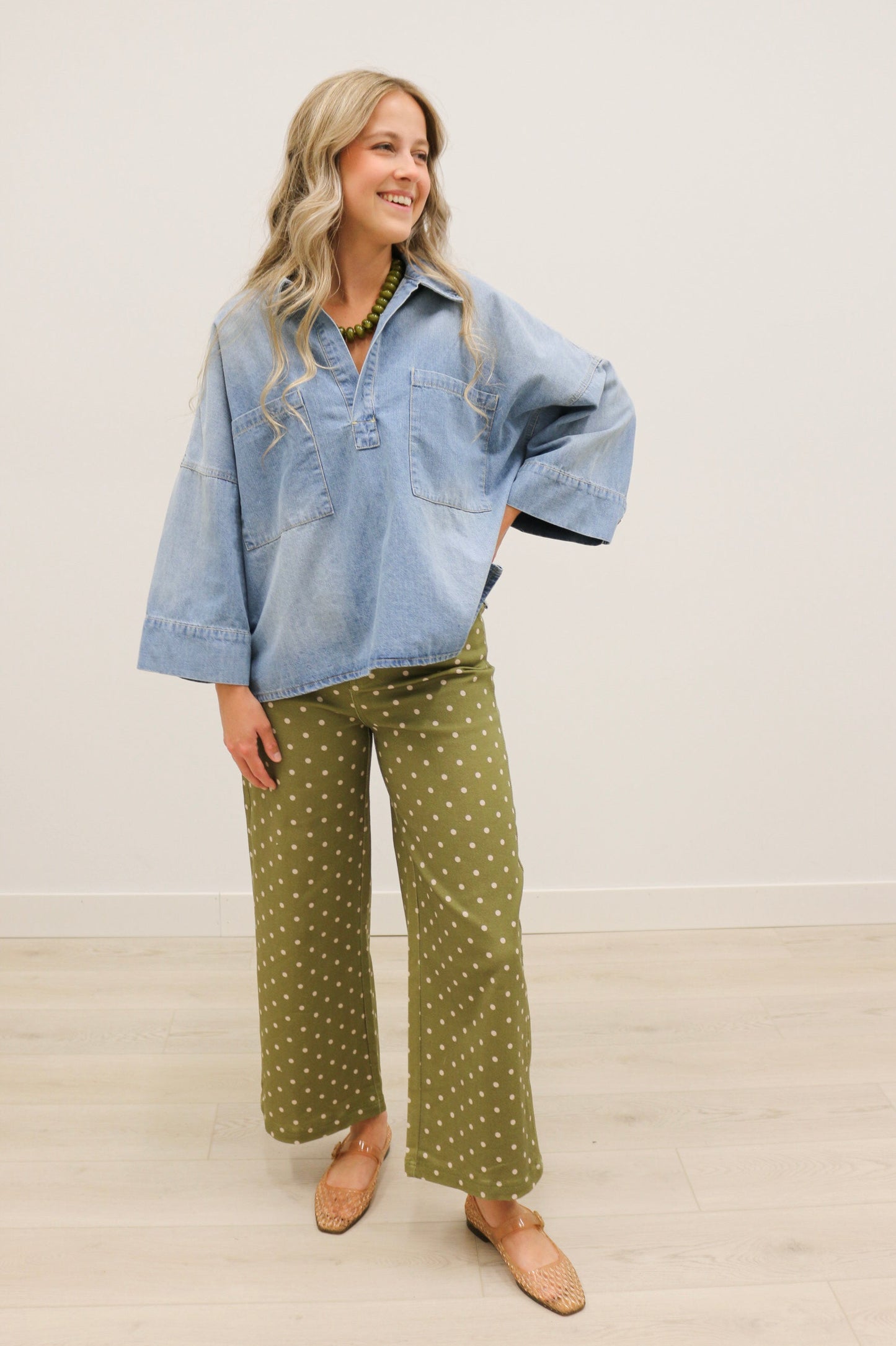Romilly Oversized Front Pocket Collared Blouse 100% Cotton - Denim