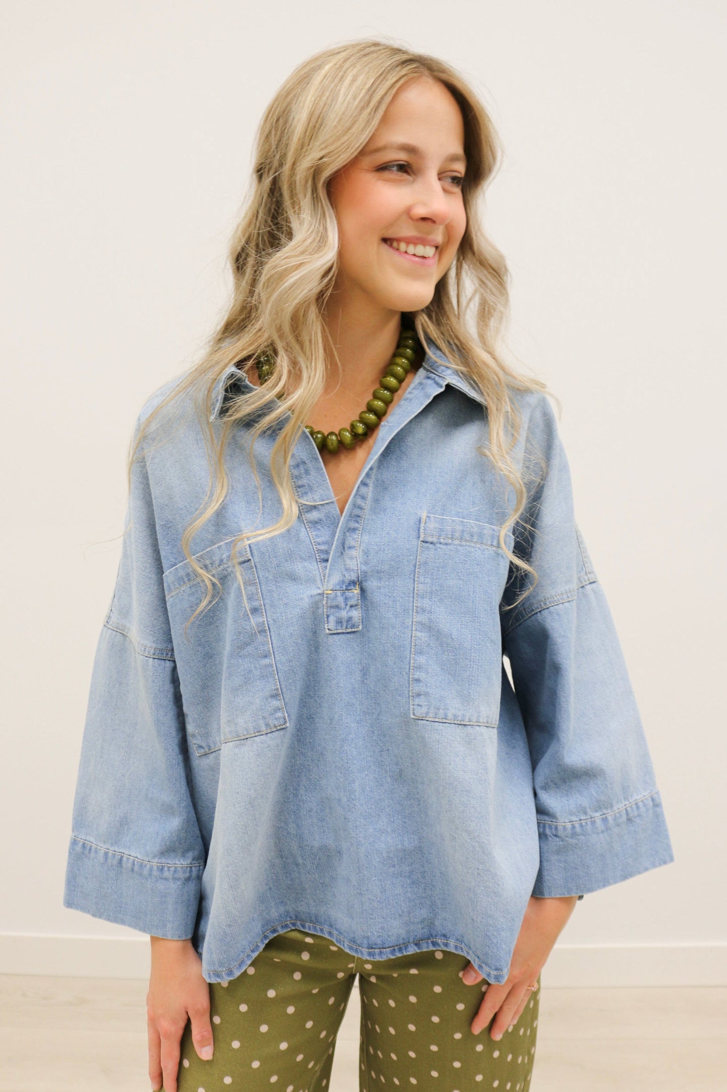 Romilly Oversized Front Pocket Collared Blouse 100% Cotton - Denim