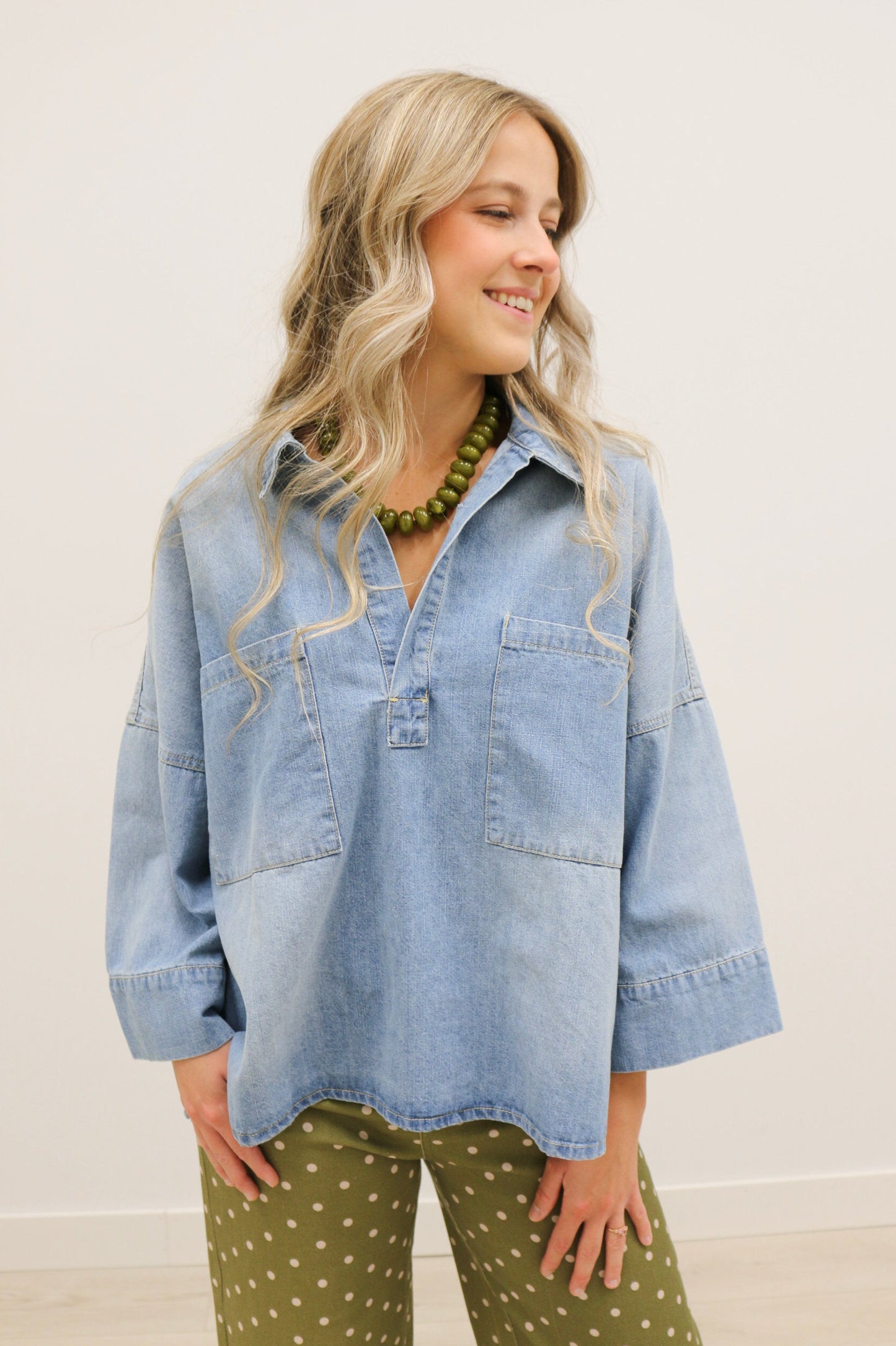 Romilly Oversized Front Pocket Collared Blouse 100% Cotton - Denim