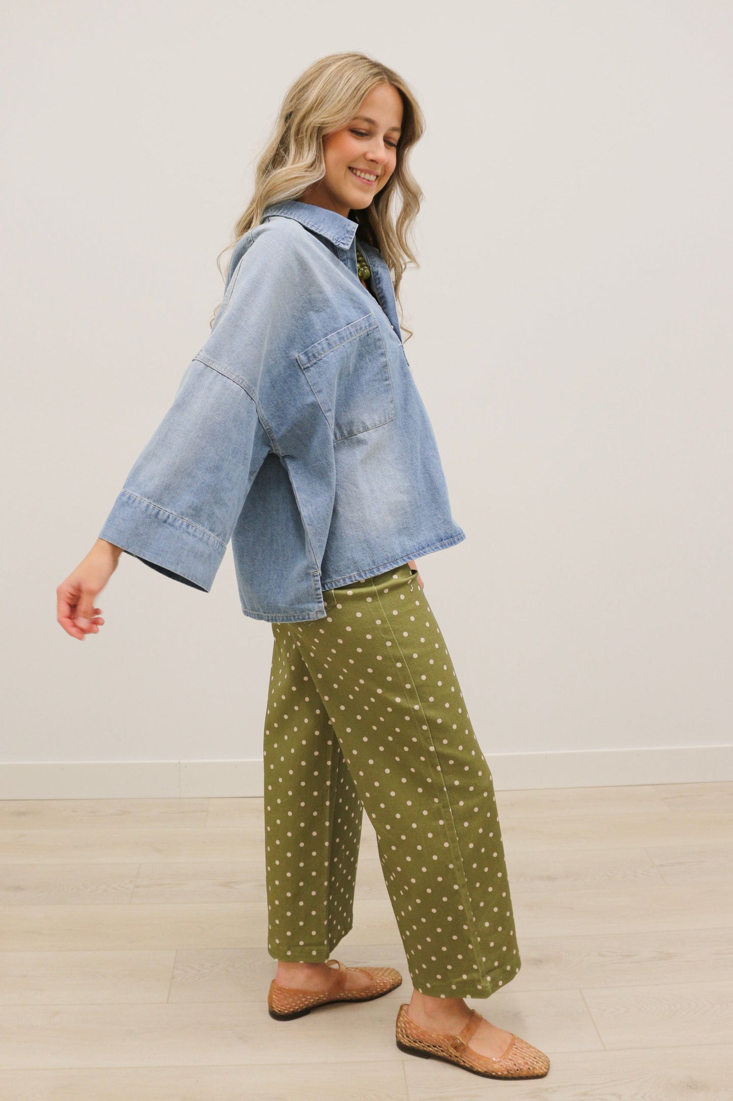 Romilly Oversized Front Pocket Collared Blouse 100% Cotton - Denim