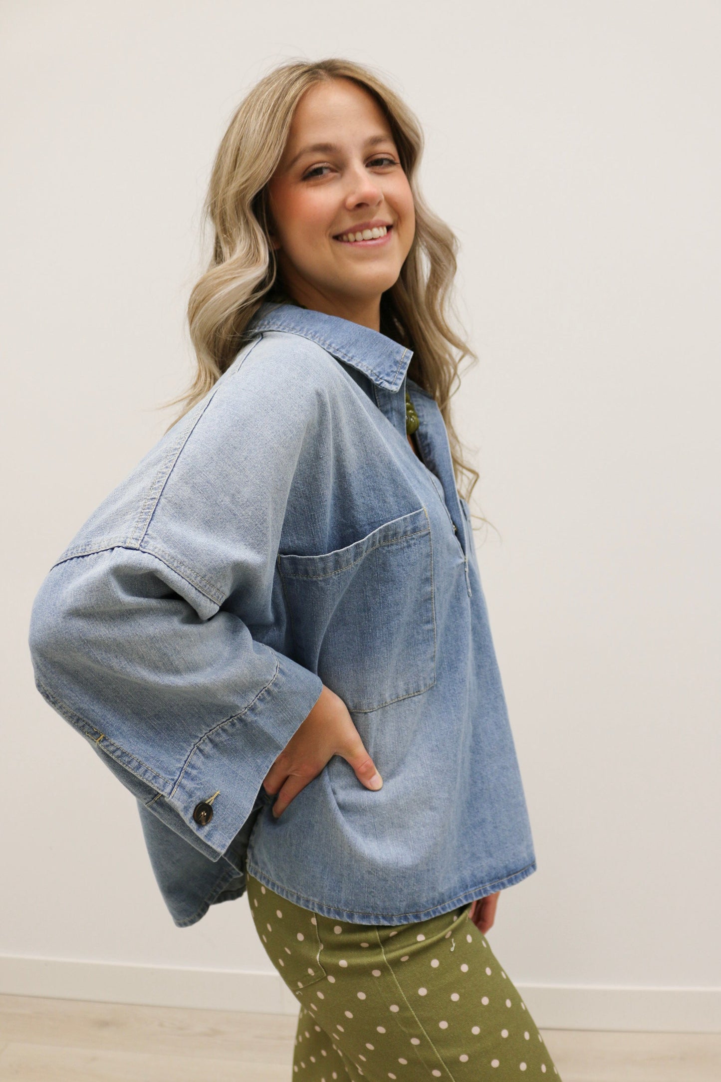 Romilly Oversized Front Pocket Collared Blouse 100% Cotton - Denim