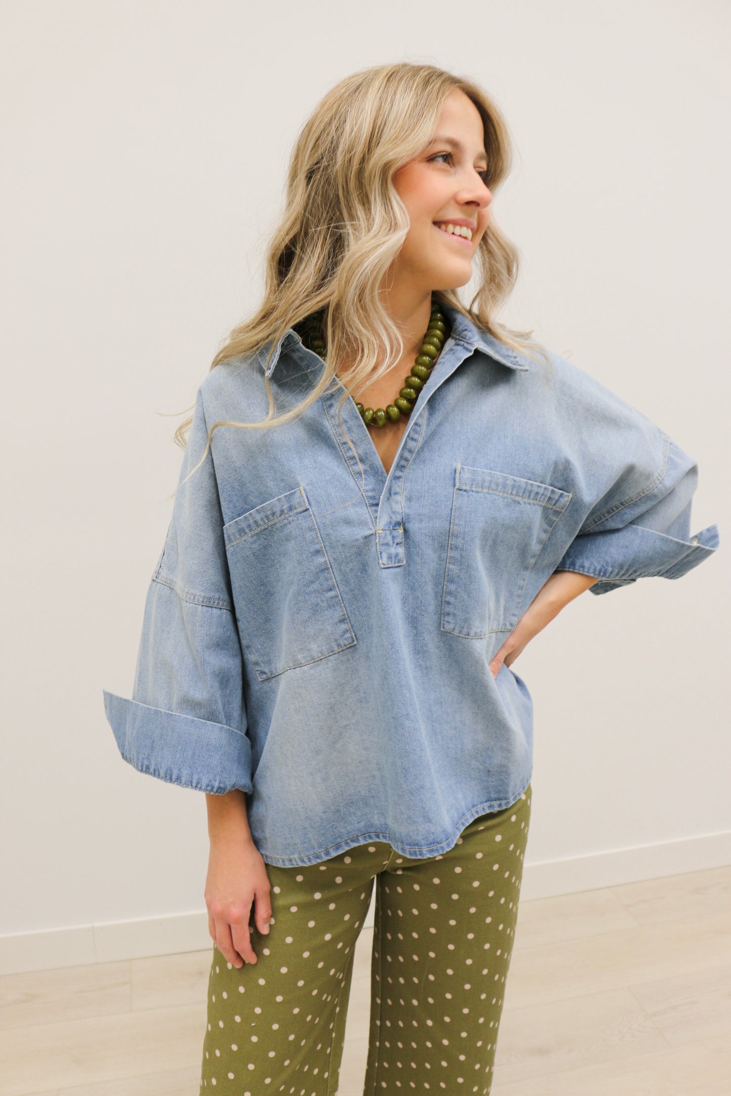 Romilly Oversized Front Pocket Collared Blouse 100% Cotton - Denim