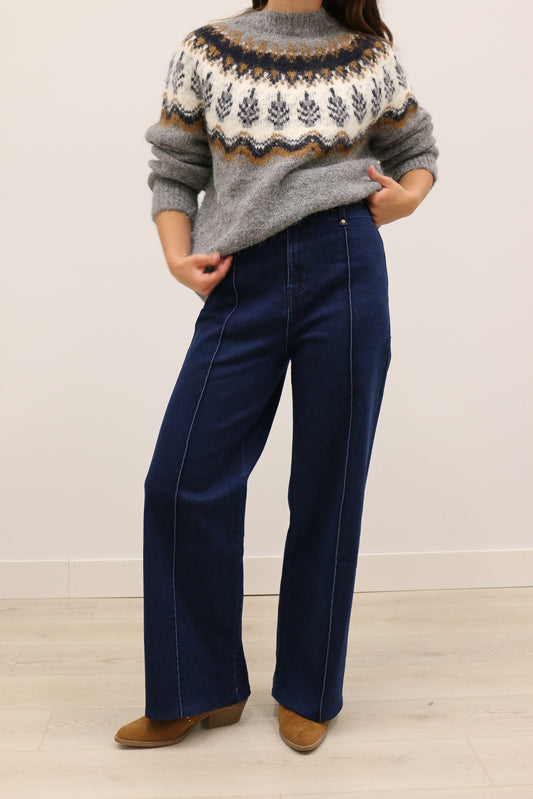 Rory High Waisted Front Seam Straight Leg Pants - Dark Denim