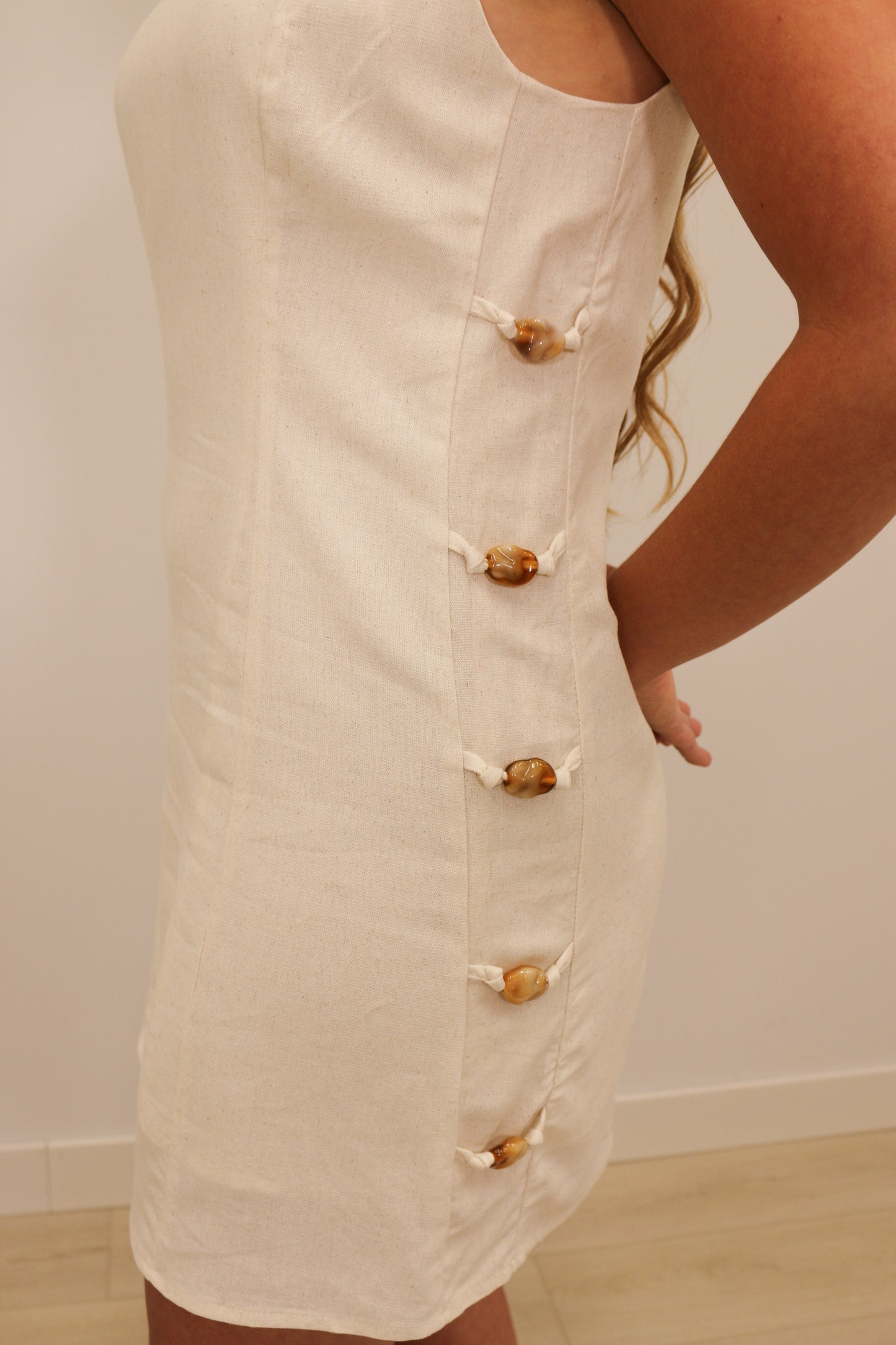 Rou Linen Natural Stone Studded Mini Dress - Natural