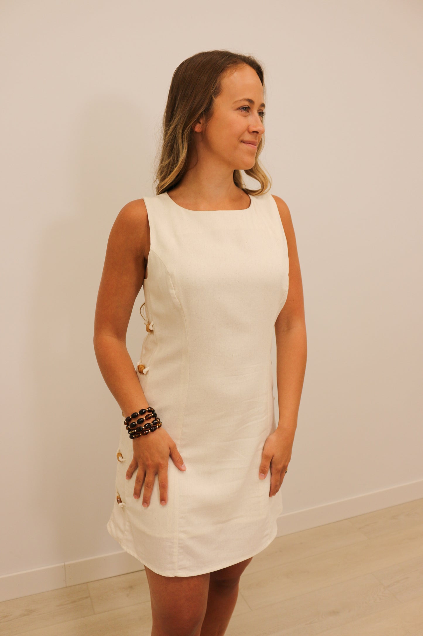 Rou Linen Natural Stone Studded Mini Dress - Natural