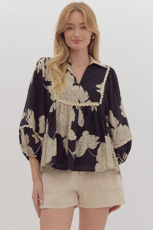 Roxie Floral Print 3/4 Sleeve V-Neck Scalloped Trim Blouse - Black Multi