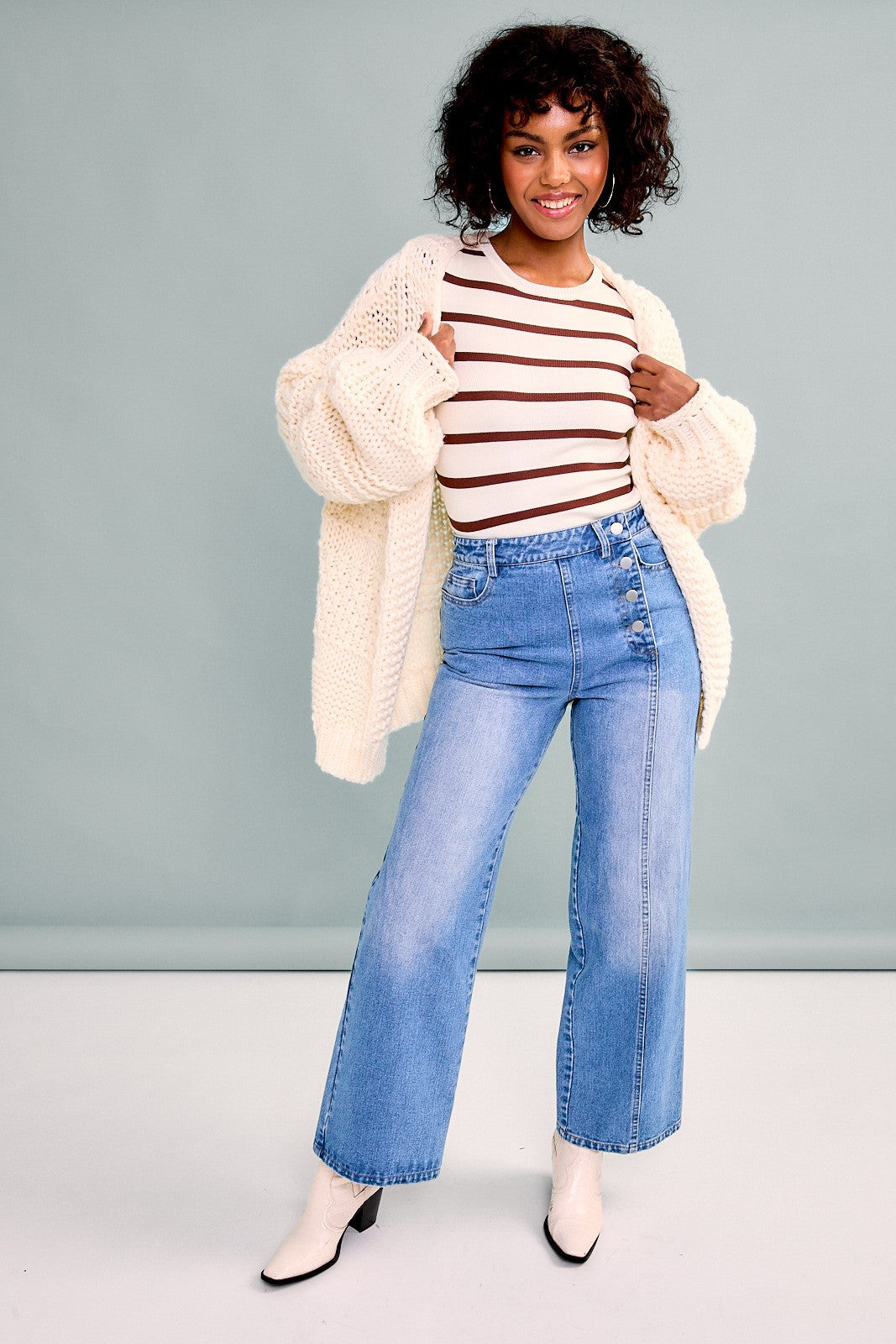 Rue Long Sleeve Chunky Knit Open Front Cardigan Cream Shop Goldfinch Boutique