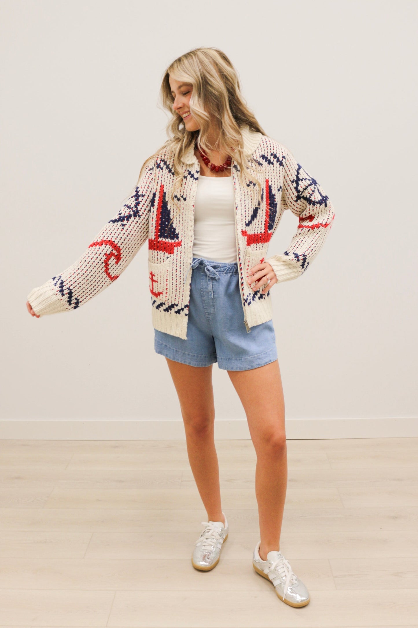 Sailboat Nautical Print Front Zip Cardigan - Cream Multi
