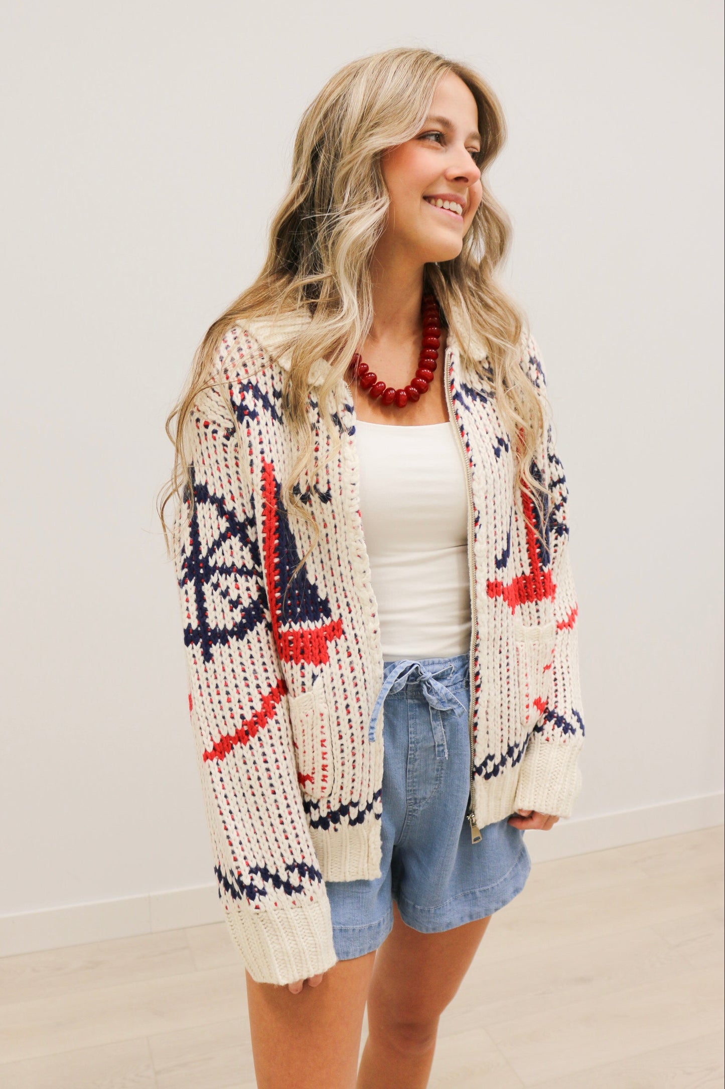 Sailboat Nautical Print Front Zip Cardigan - Cream Multi
