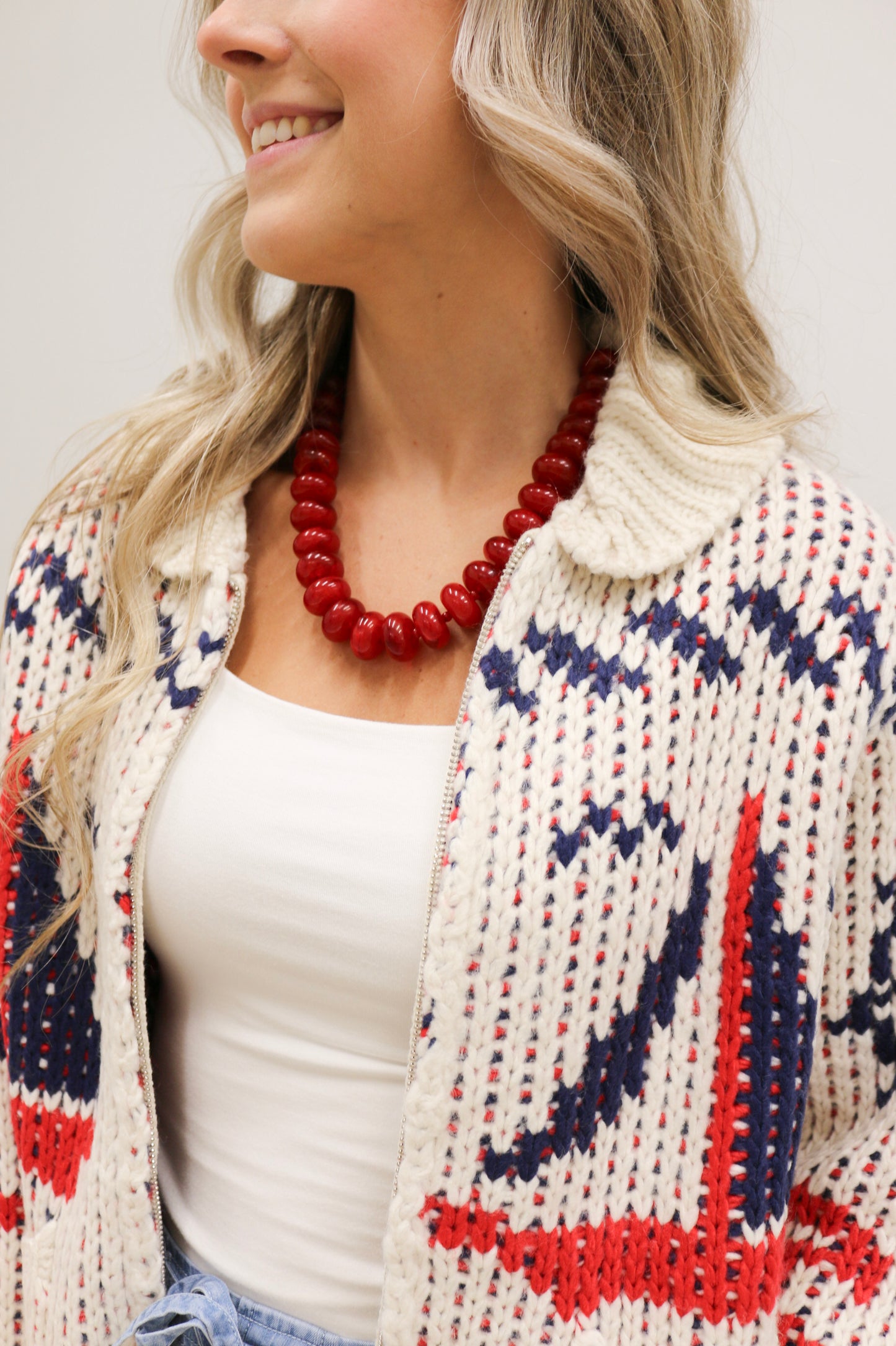Sailboat Nautical Print Front Zip Cardigan - Cream Multi