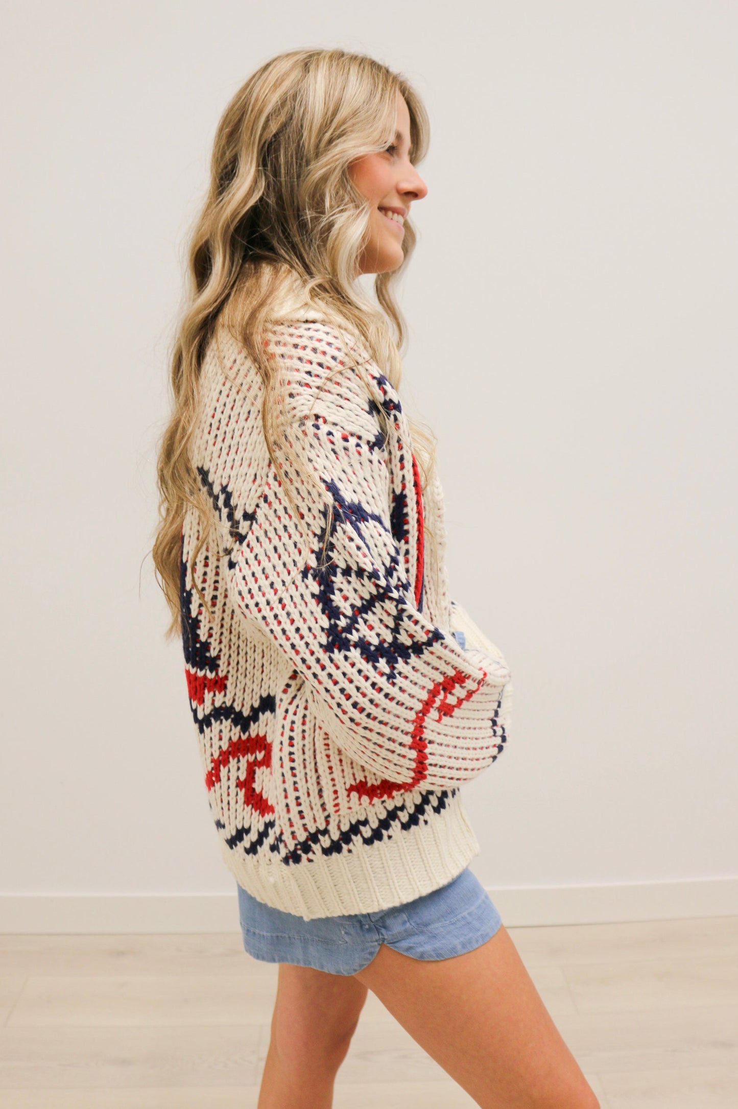 Sailboat Nautical Print Front Zip Cardigan - Cream Multi