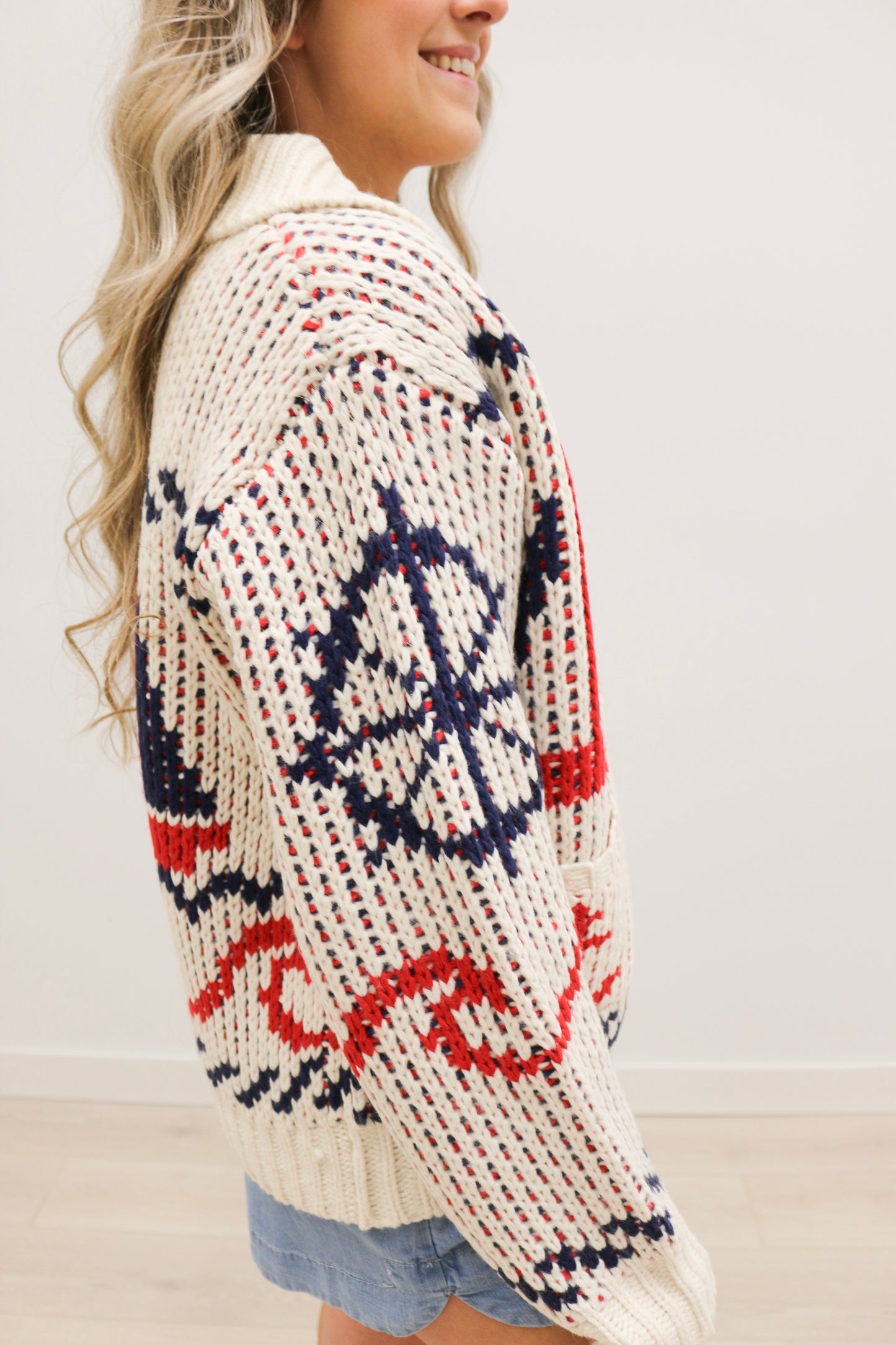 Sailboat Nautical Print Front Zip Cardigan - Cream Multi