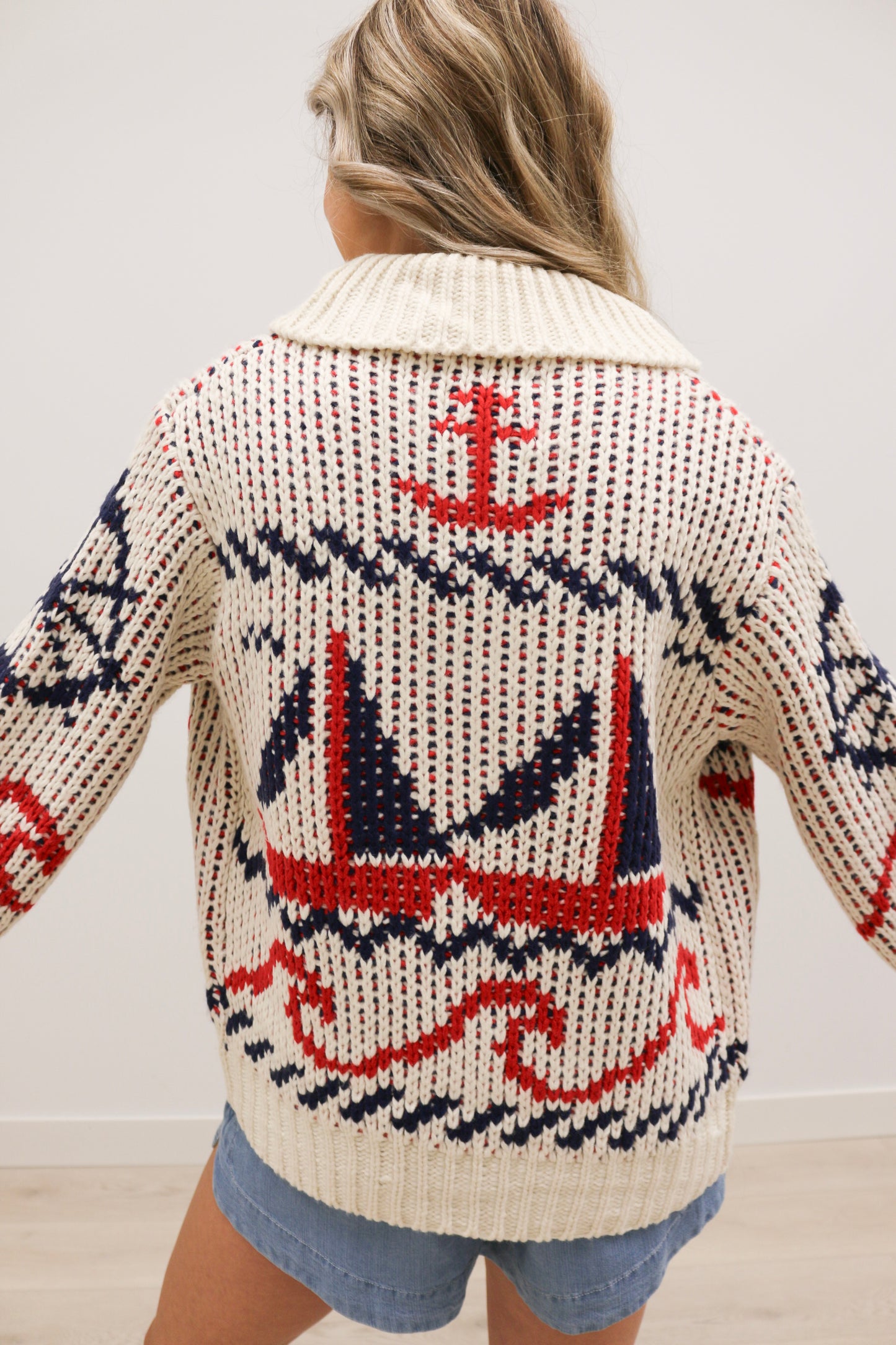Sailboat Nautical Print Front Zip Cardigan - Cream Multi