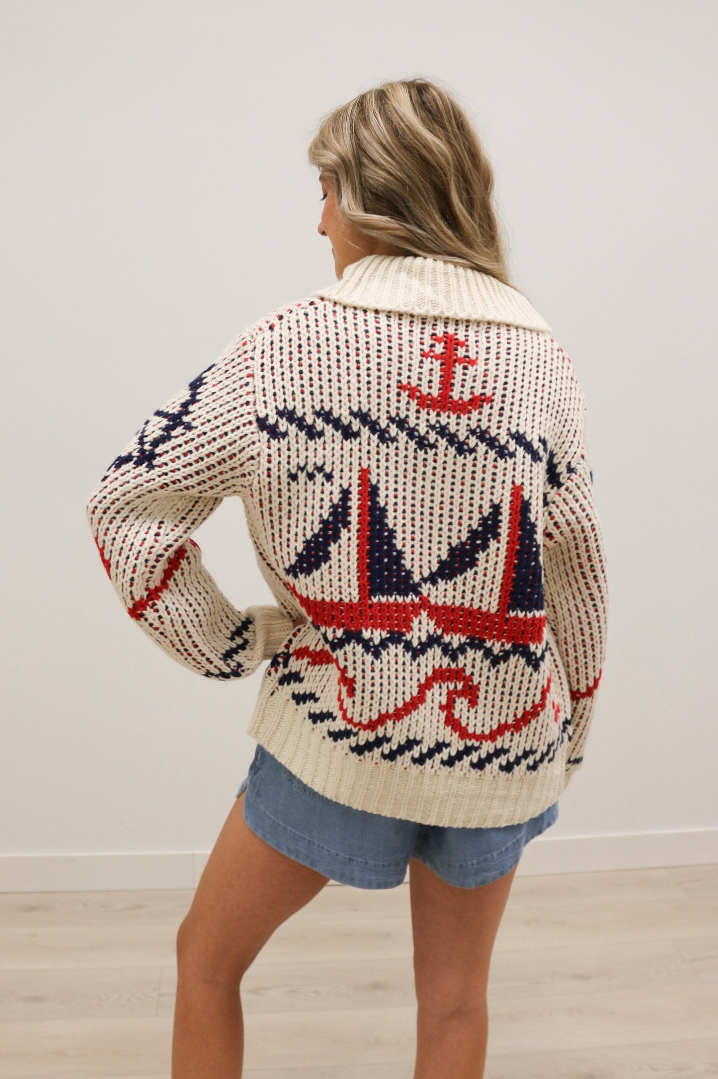 Sailboat Nautical Print Front Zip Cardigan - Cream Multi