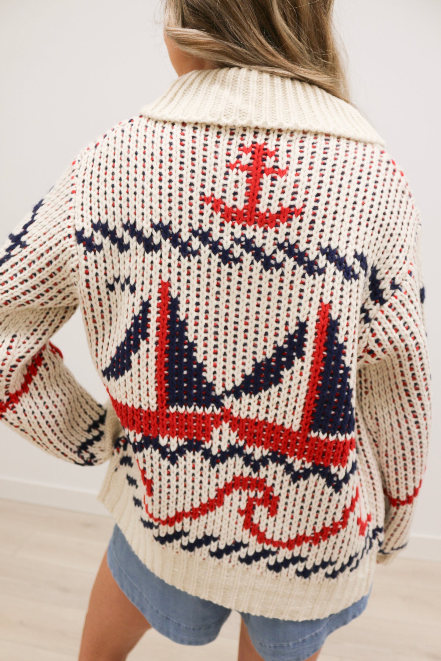 Sailboat Nautical Print Front Zip Cardigan - Cream Multi