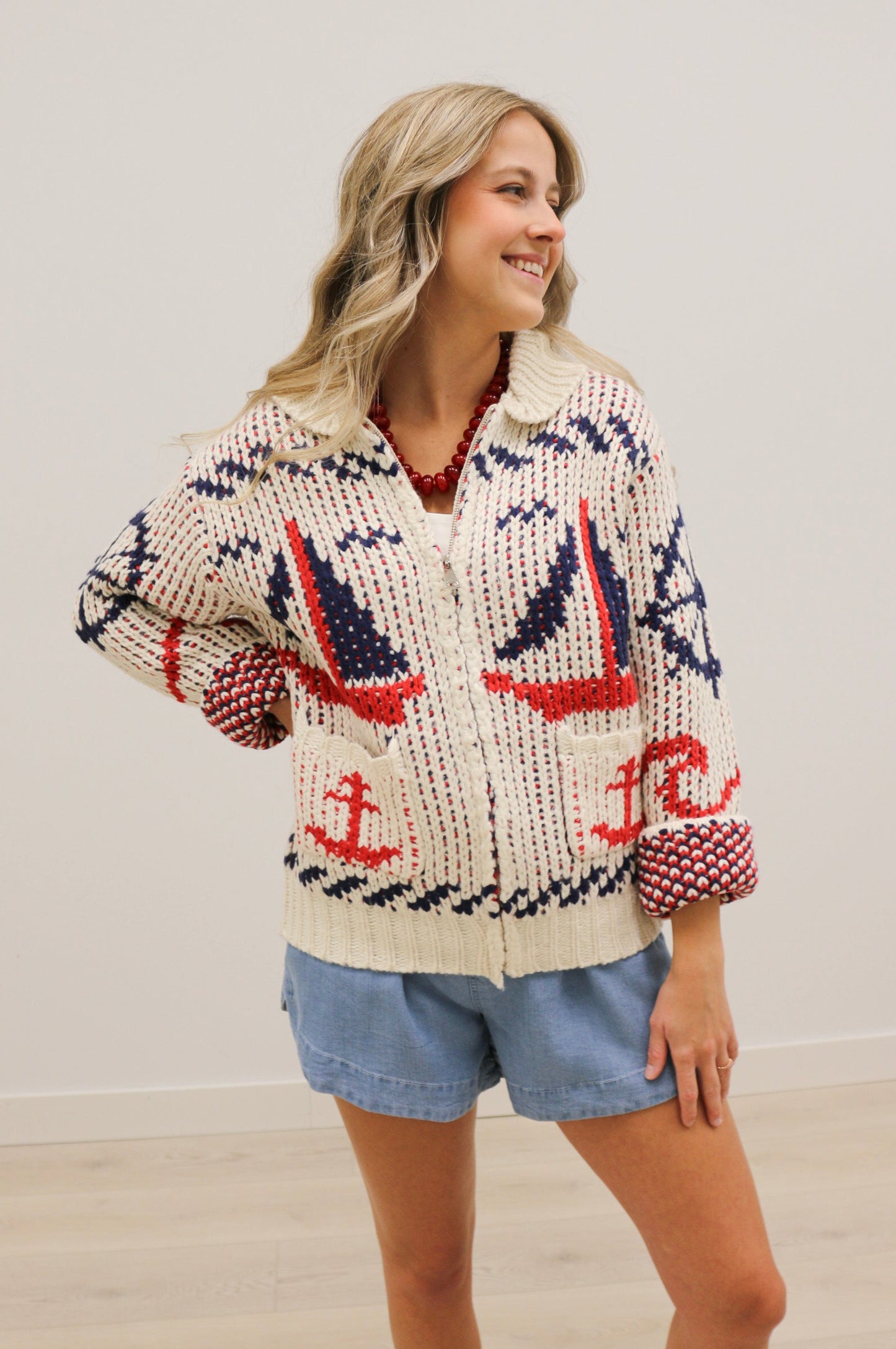 Sailboat Nautical Print Front Zip Cardigan - Cream Multi