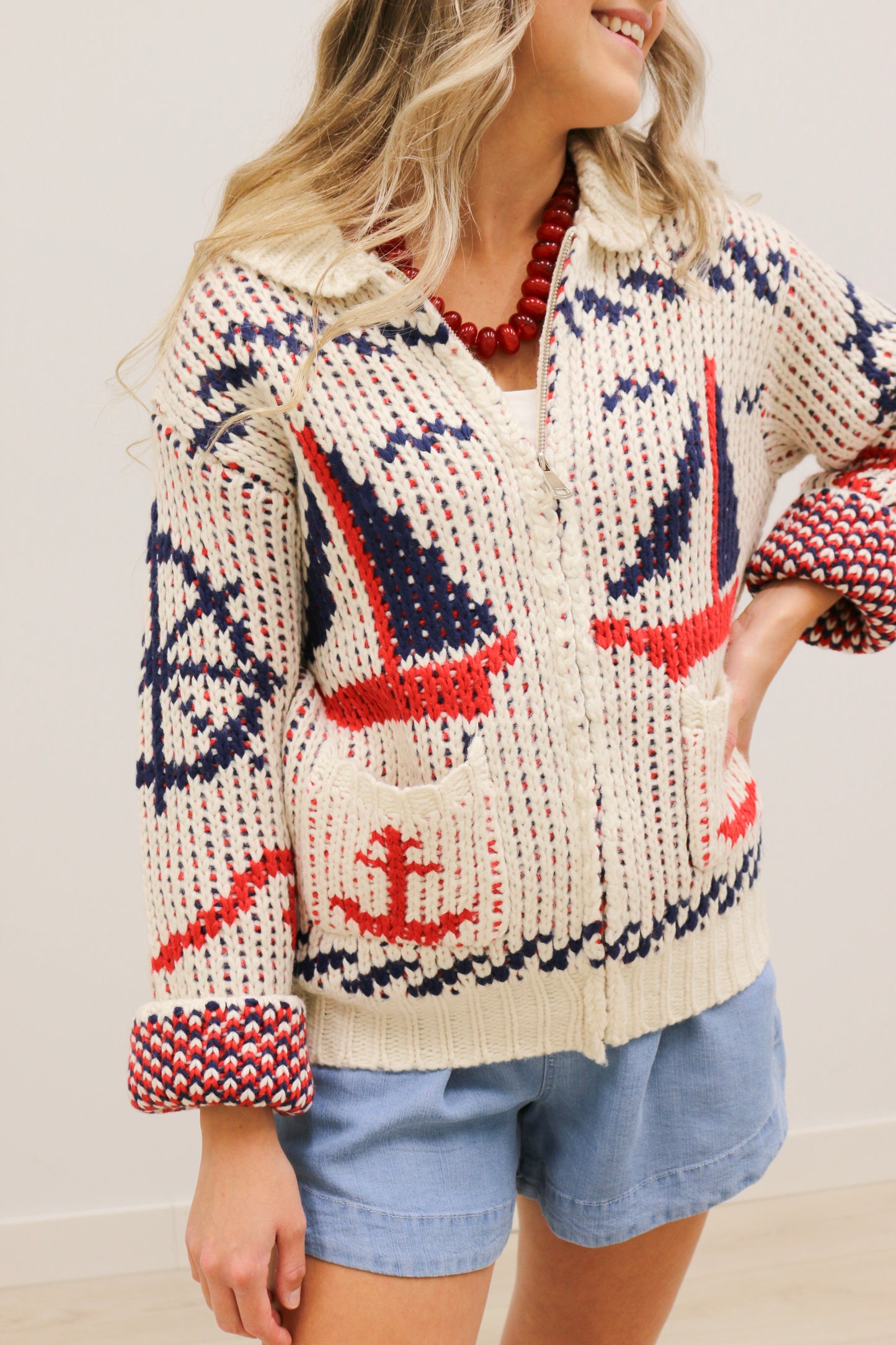 Sailboat Nautical Print Front Zip Cardigan - Cream Multi