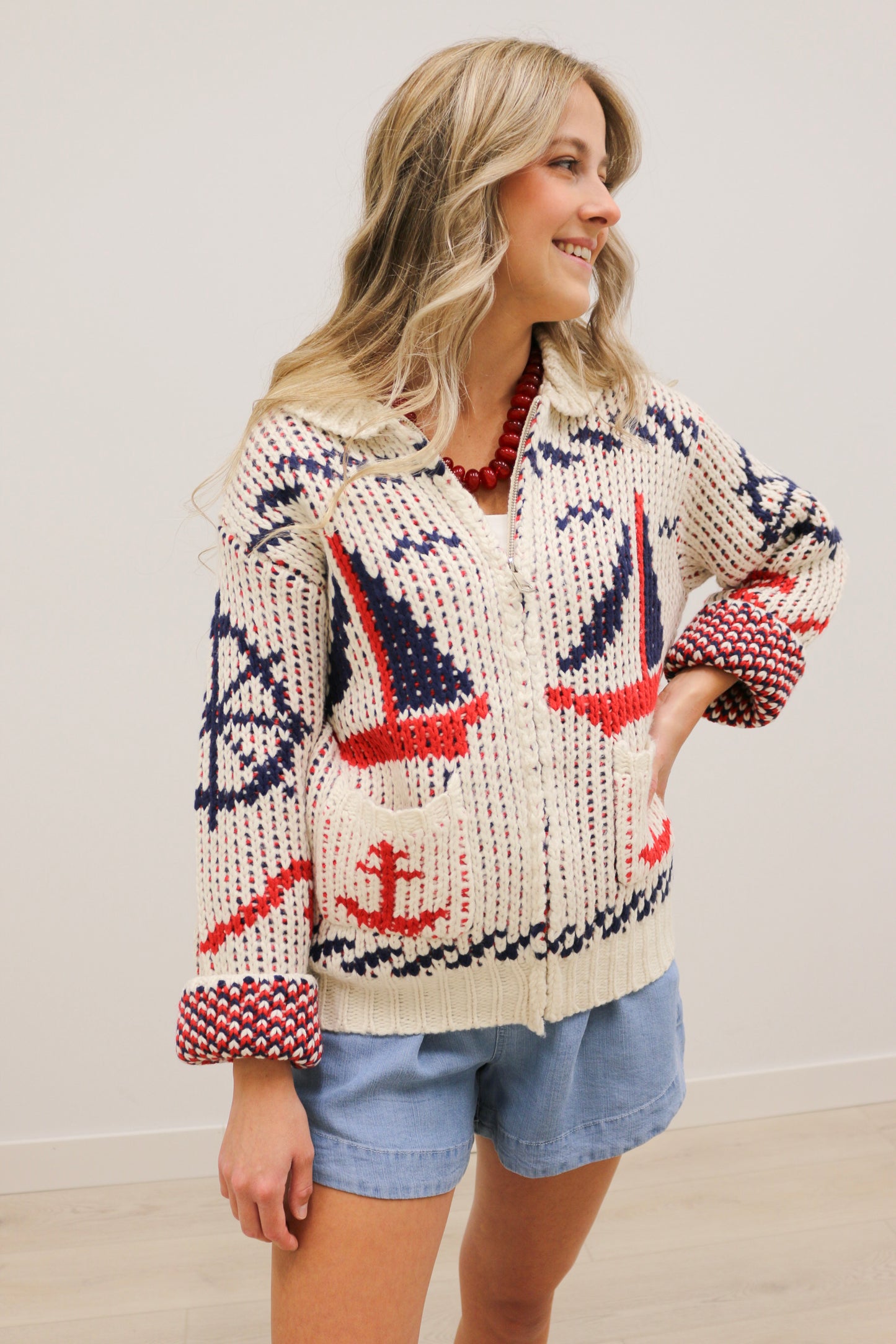 Sailboat Nautical Print Front Zip Cardigan - Cream Multi