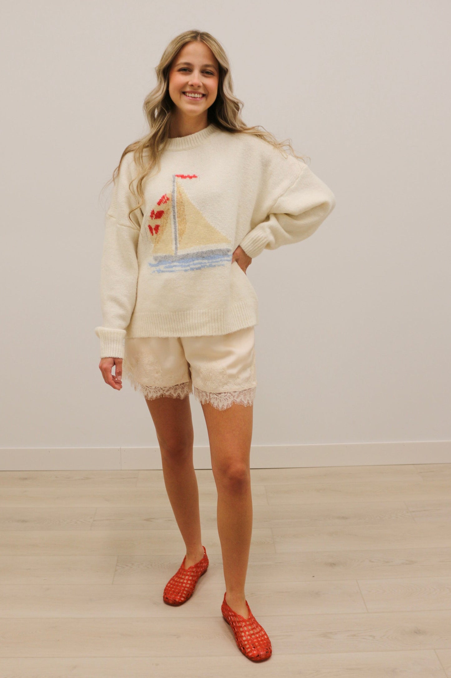 Sailboat Print Long Sleeve Fuzzy Sweater - Cream Multi