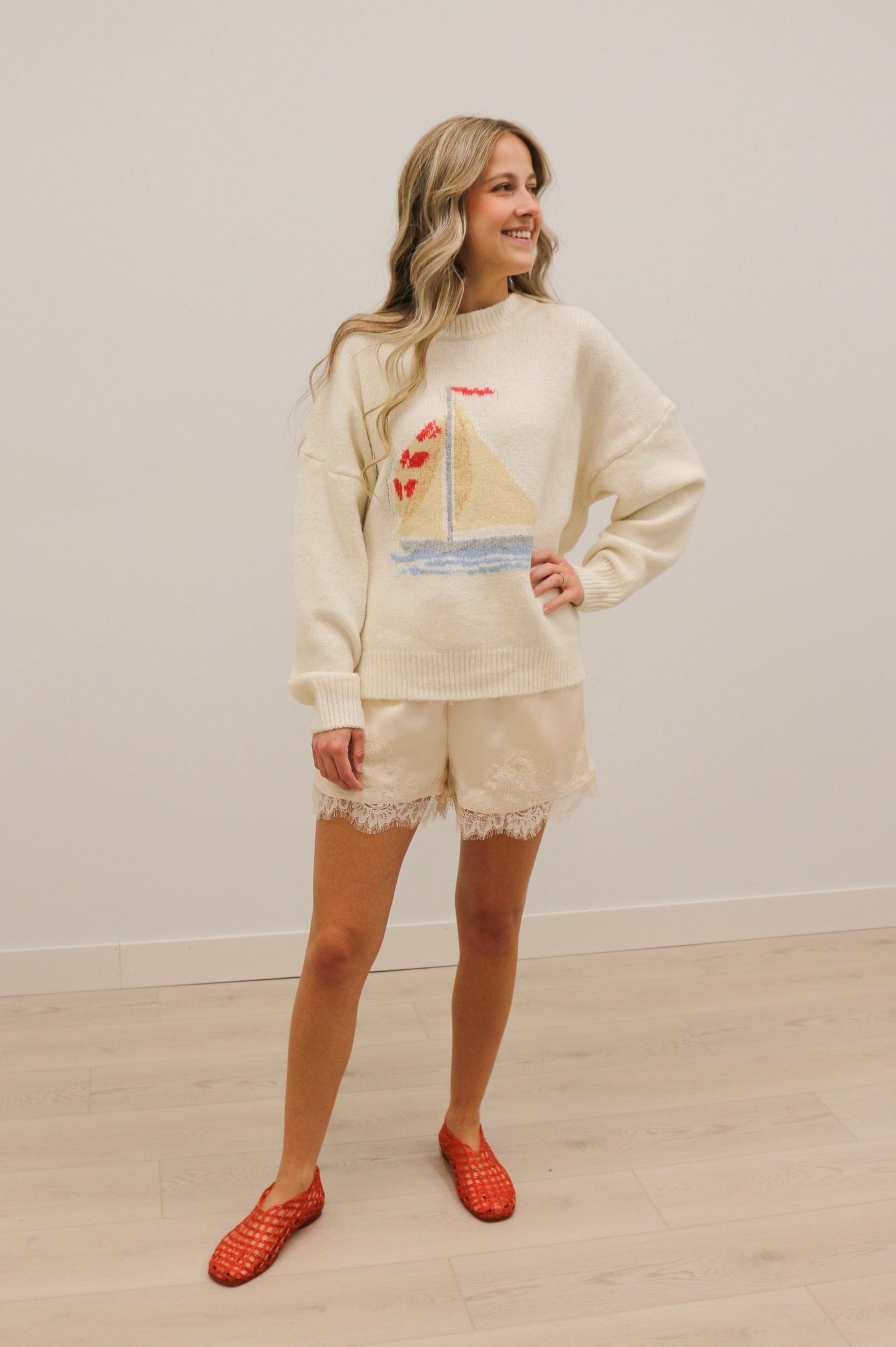Sailboat Print Long Sleeve Fuzzy Sweater - Cream Multi
