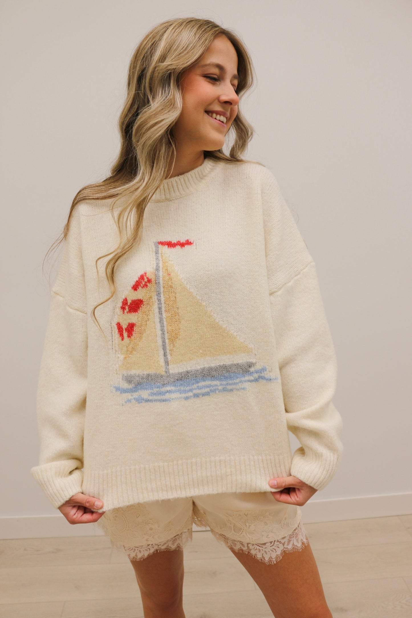 Sailboat Print Long Sleeve Fuzzy Sweater - Cream Multi
