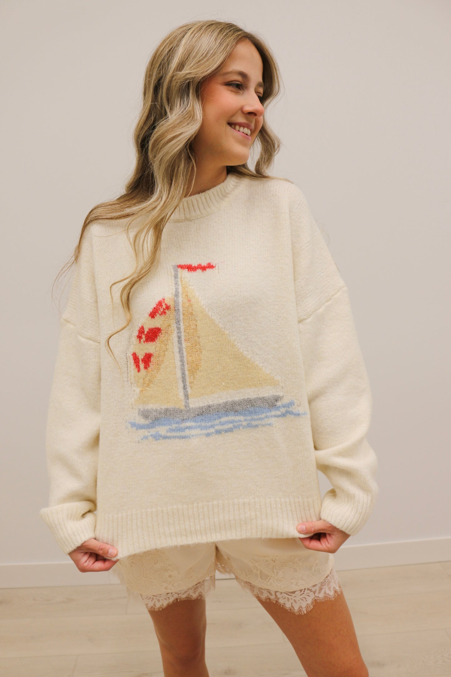 Sailboat Print Long Sleeve Fuzzy Sweater - Cream Multi