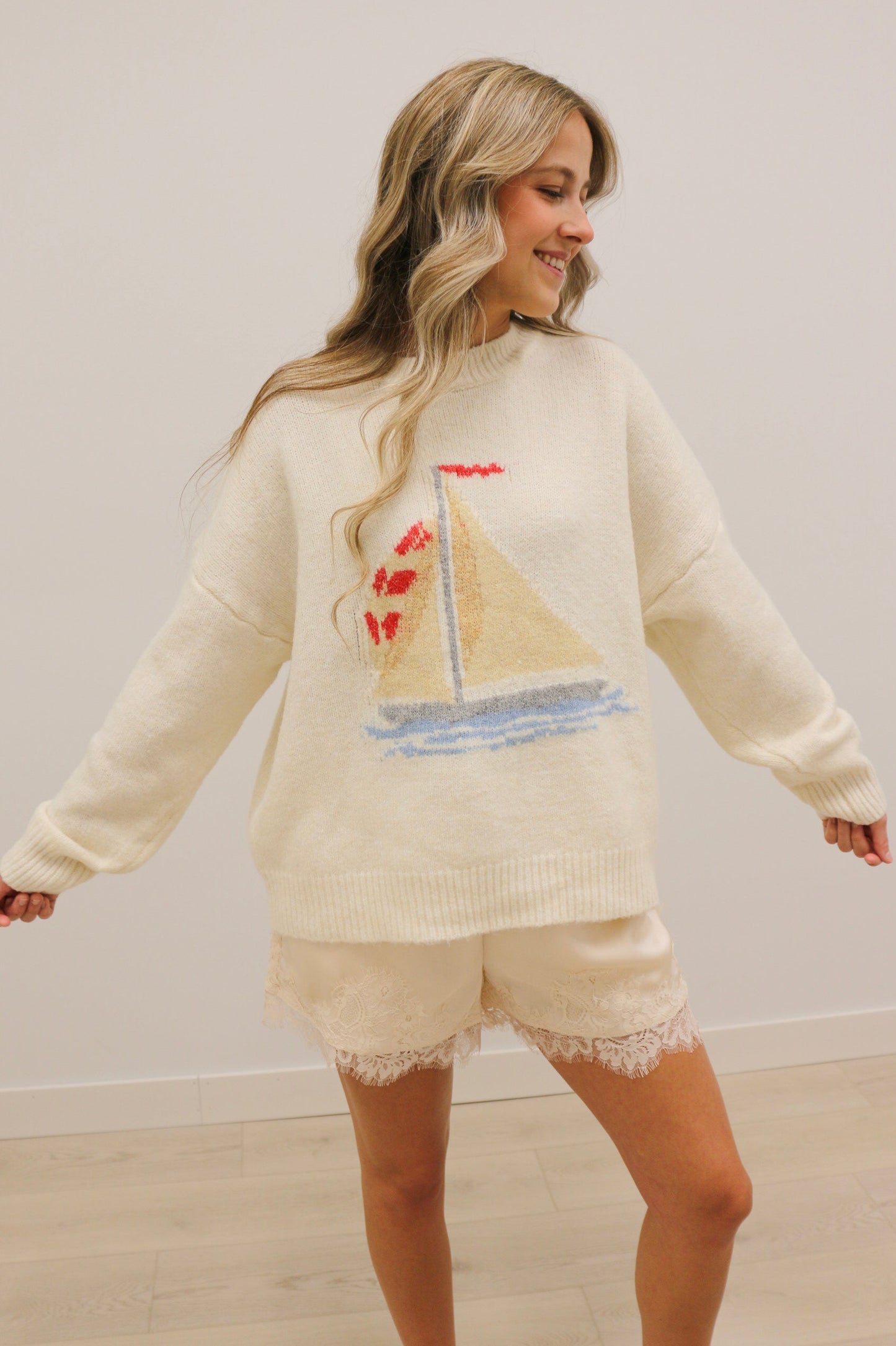 Sailboat Print Long Sleeve Fuzzy Sweater - Cream Multi