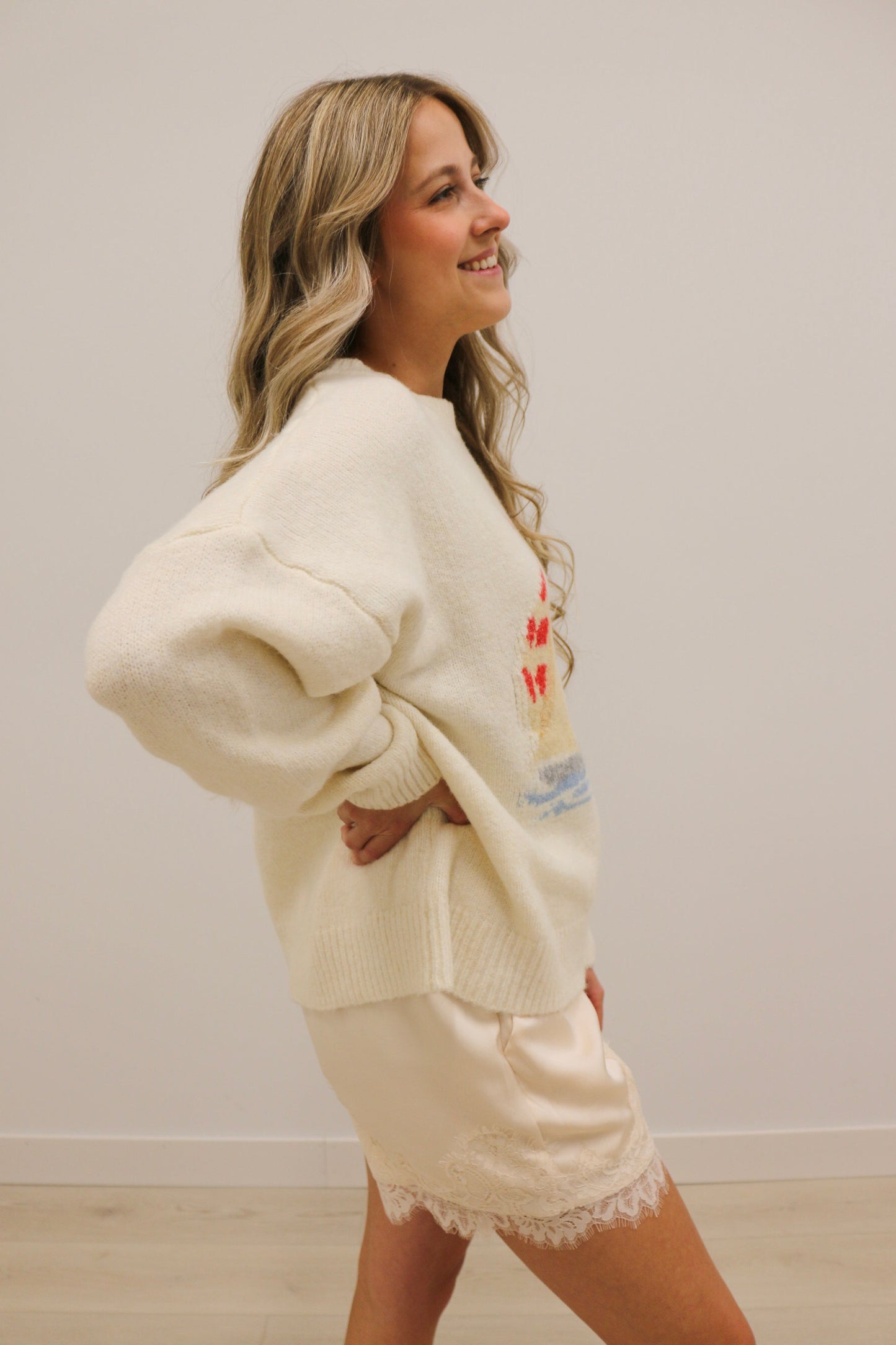 Sailboat Print Long Sleeve Fuzzy Sweater - Cream Multi