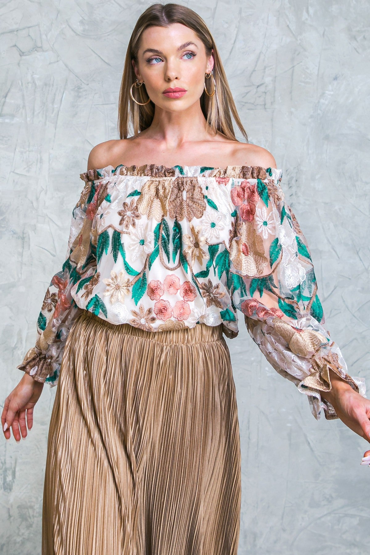 Samantha Floral Off the Shoulder Embroidered Blouse - Bronze Teal Multi
