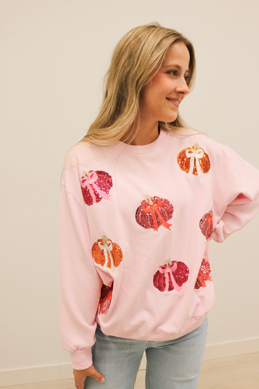Sarah Pumpkin Bows Embellished Sweatshirt by Mary Square - Pink