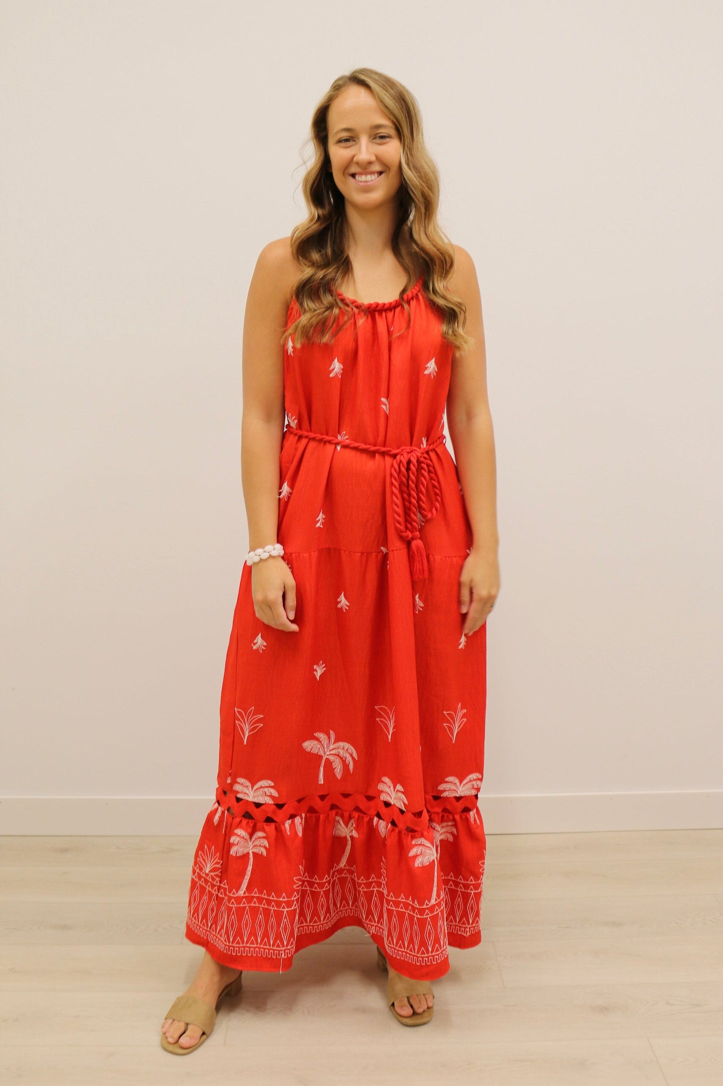 Saylor Palm Tree Embroidered Rope Trim Belted Maxi Dress - Coral Red