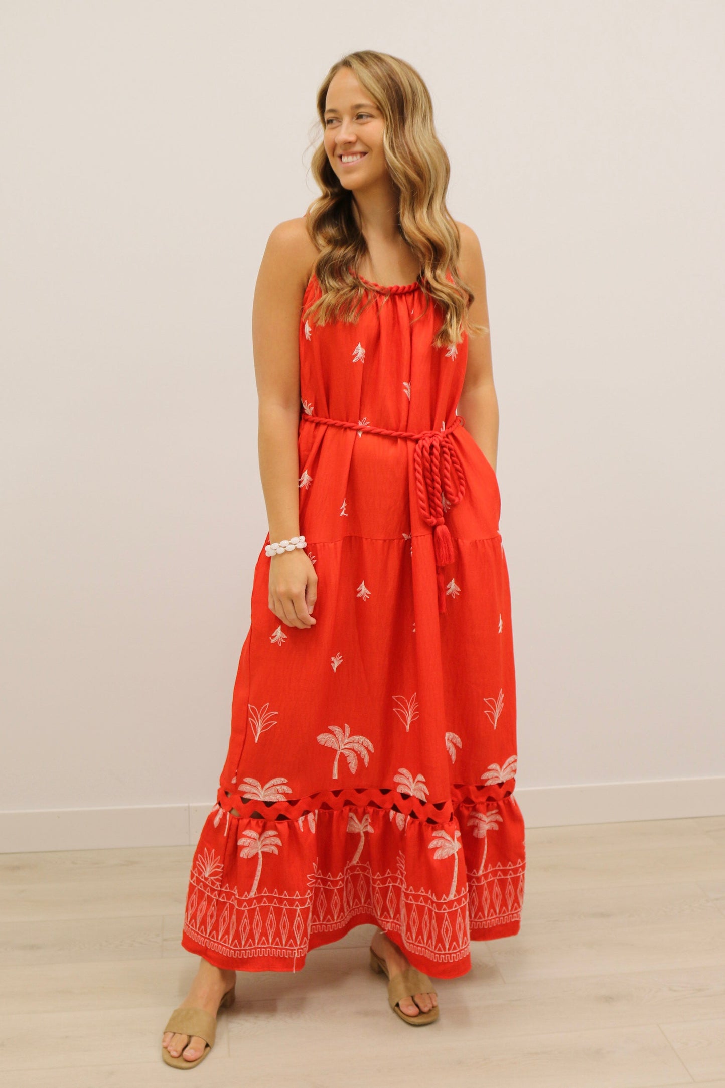 Saylor Palm Tree Embroidered Rope Trim Belted Maxi Dress - Coral Red