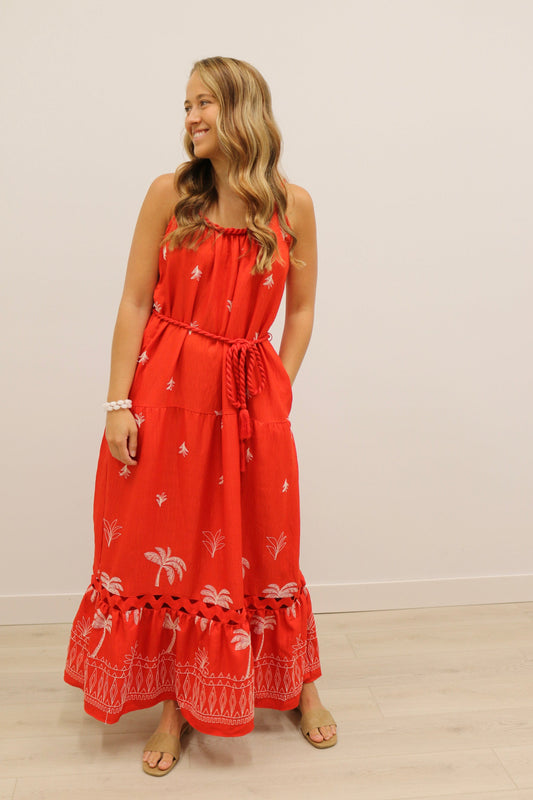 Saylor Palm Tree Embroidered Rope Trim Belted Maxi Dress - Coral Red