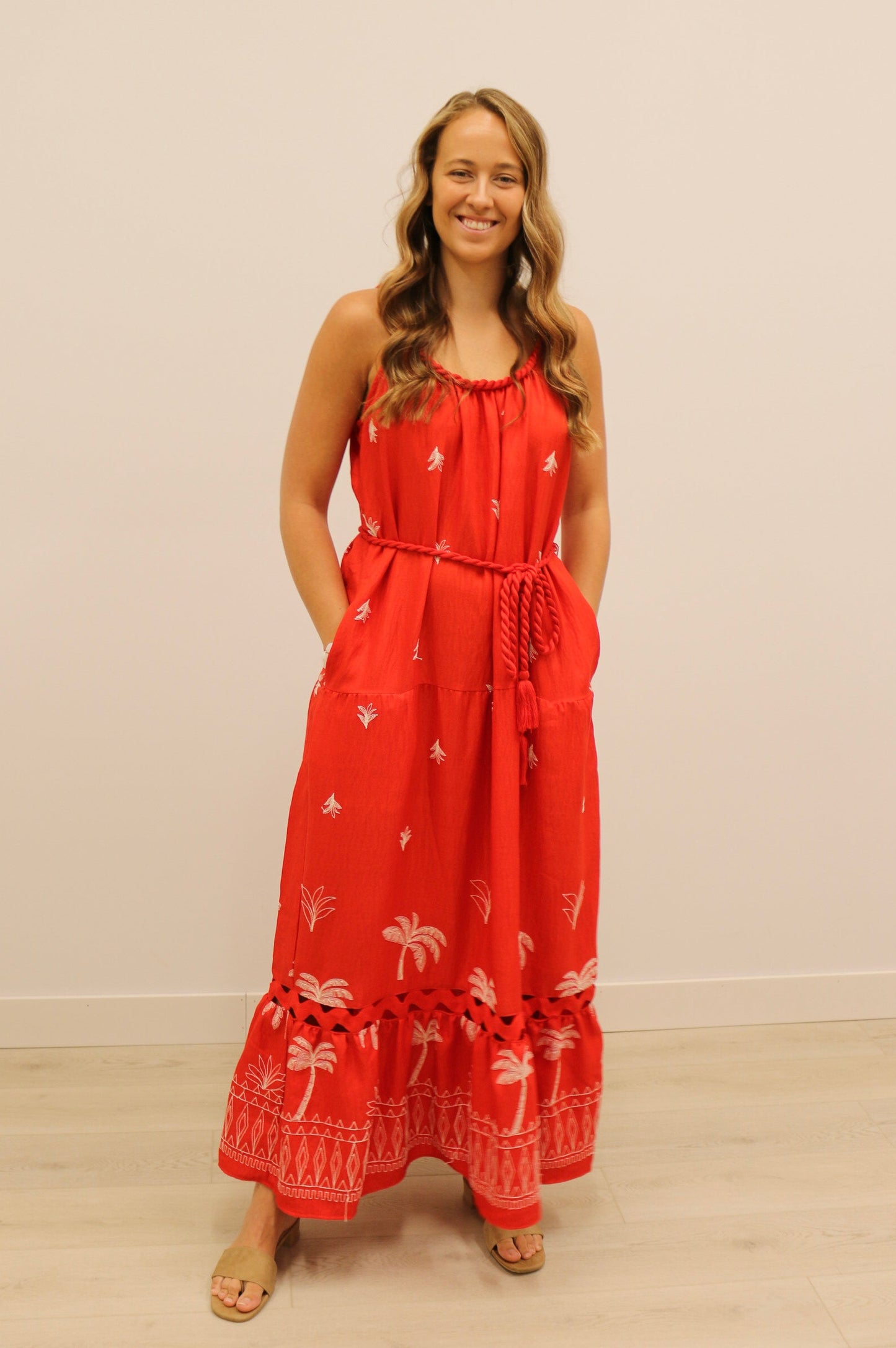 Saylor Palm Tree Embroidered Rope Trim Belted Maxi Dress - Coral Red