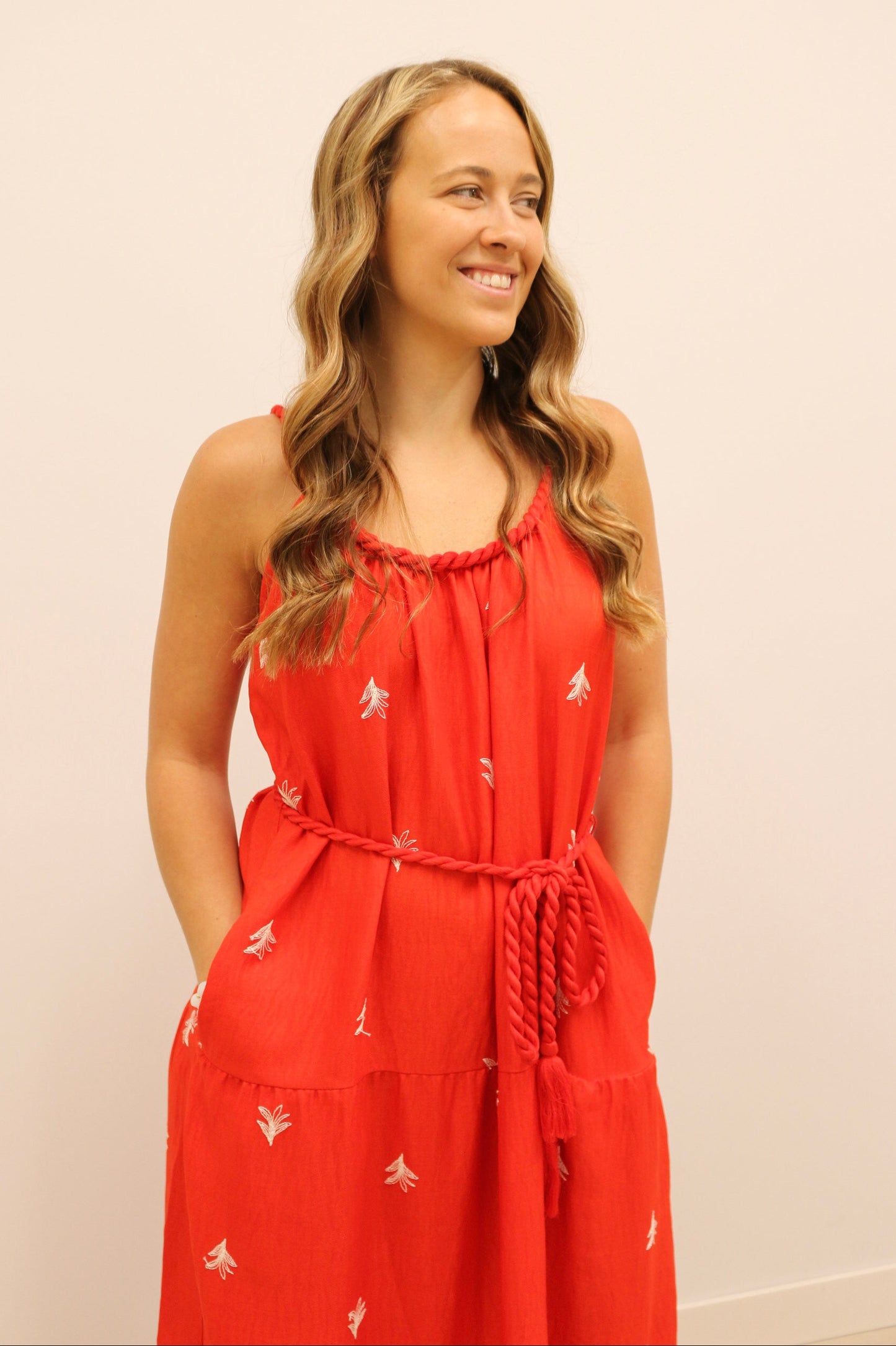 Saylor Palm Tree Embroidered Rope Trim Belted Maxi Dress - Coral Red