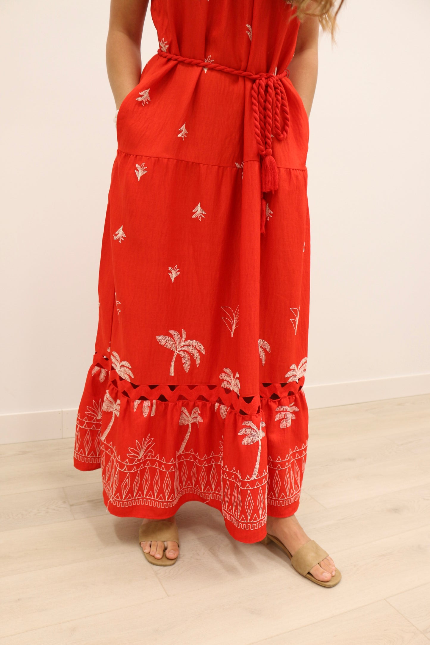 Saylor Palm Tree Embroidered Rope Trim Belted Maxi Dress - Coral Red