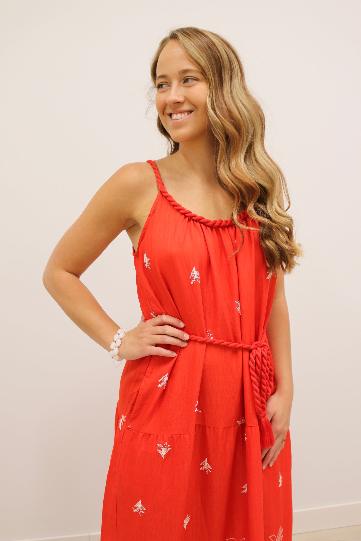 Saylor Palm Tree Embroidered Rope Trim Belted Maxi Dress - Coral Red