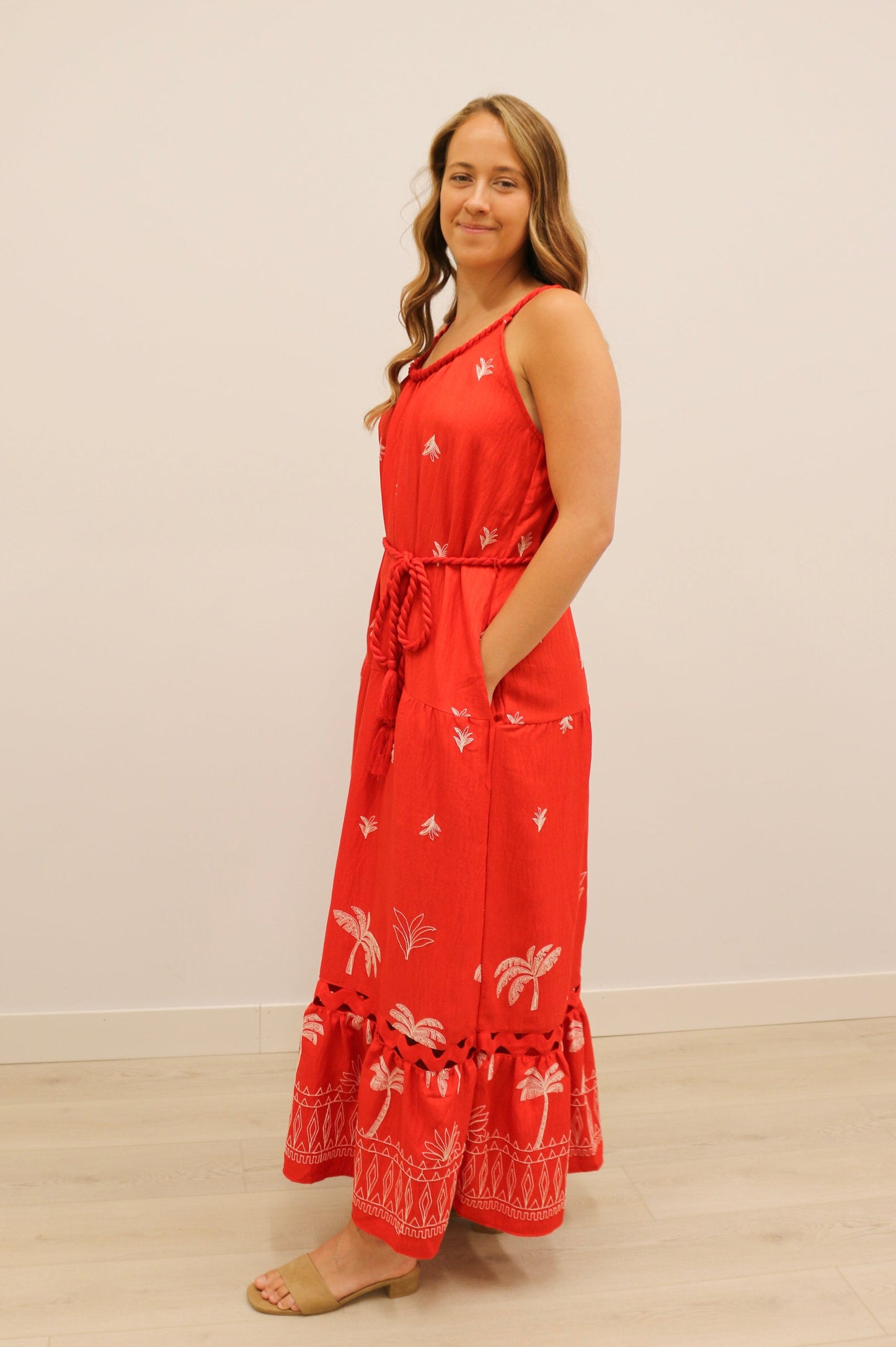 Saylor Palm Tree Embroidered Rope Trim Belted Maxi Dress - Coral Red