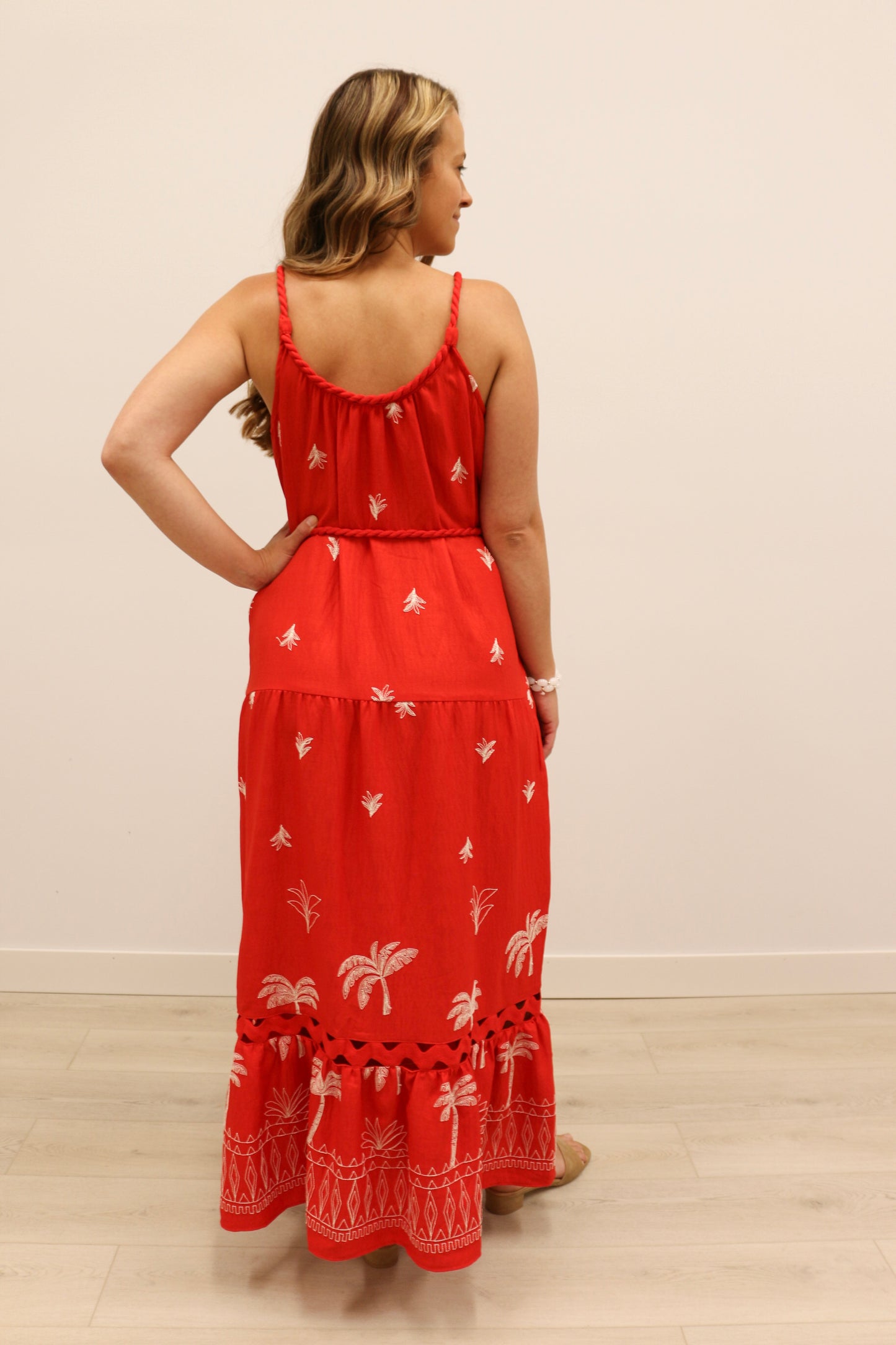 Saylor Palm Tree Embroidered Rope Trim Belted Maxi Dress - Coral Red