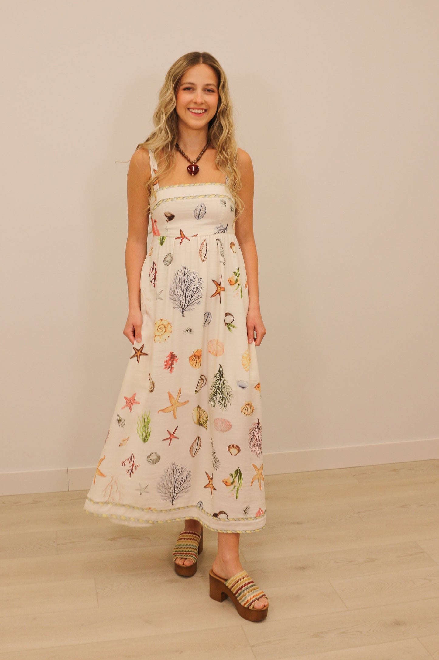 Sealife Printed Sleeveless Midi Dress - Cream Multi