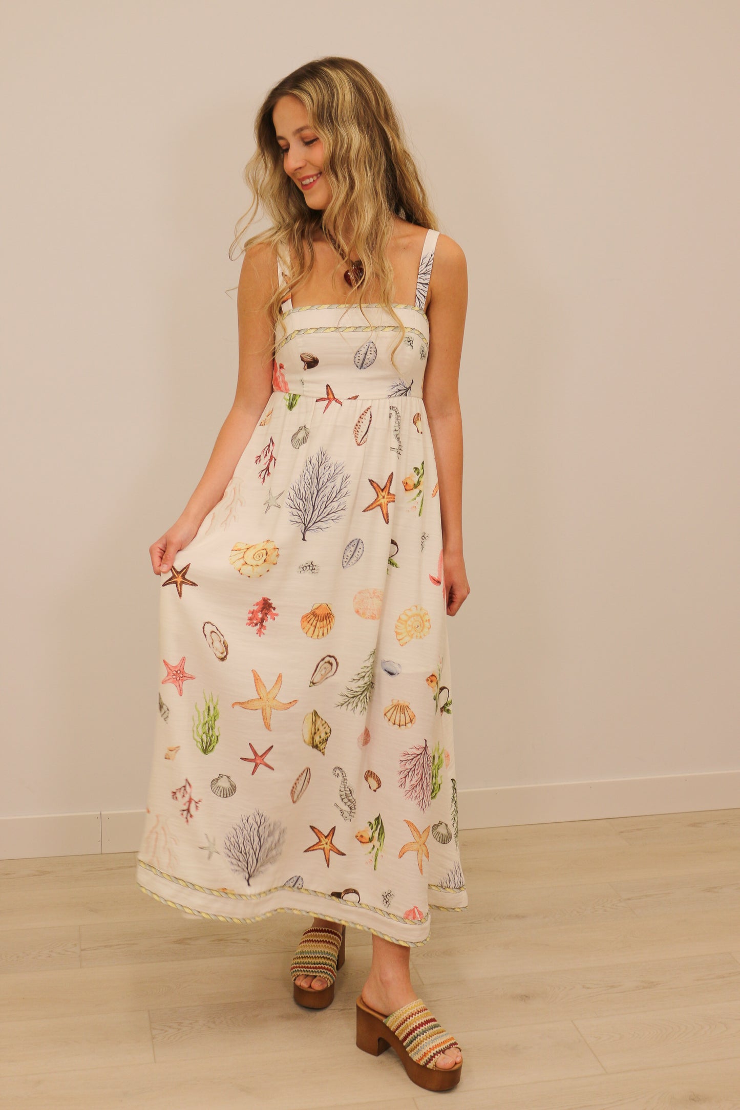 Sealife Printed Sleeveless Midi Dress - Cream Multi