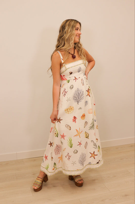 Sealife Printed Sleeveless Midi Dress - Cream Multi