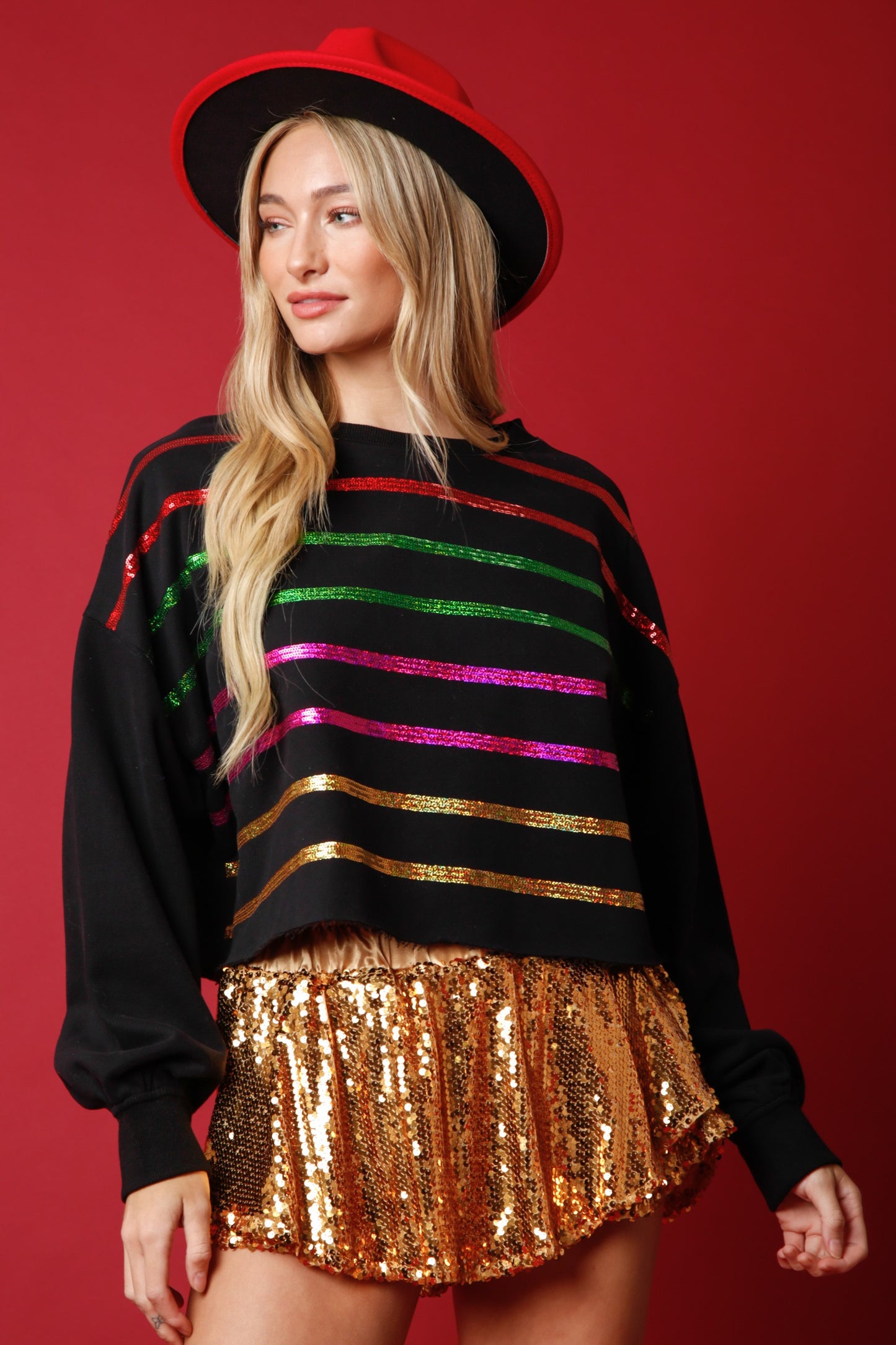 Sequin Stripe Holiday Cropped Sweater - Black Multi