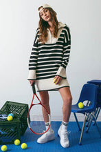 Load image into Gallery viewer, Serena Striped Fold Over Collar Half Zip Knit Sweater Dress - Black &amp; White
