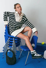 Load image into Gallery viewer, Serena Striped Fold Over Collar Half Zip Knit Sweater Dress - Black &amp; White
