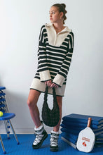 Load image into Gallery viewer, Serena Striped Fold Over Collar Half Zip Knit Sweater Dress - Black &amp; White
