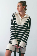 Load image into Gallery viewer, Serena Striped Fold Over Collar Half Zip Knit Sweater Dress - Black &amp; White

